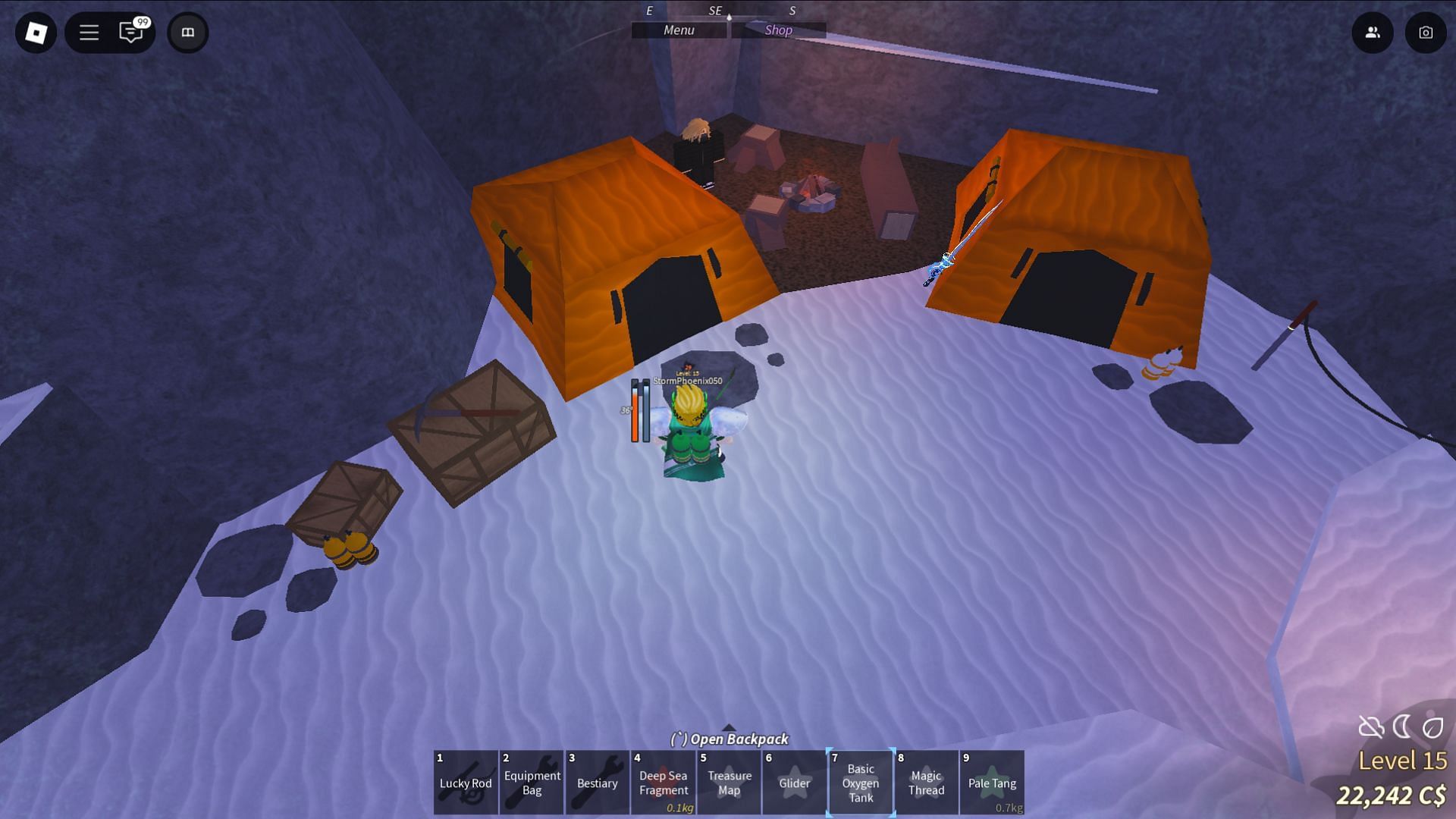 Reach this camp and then head up the mountain (Image via Roblox)