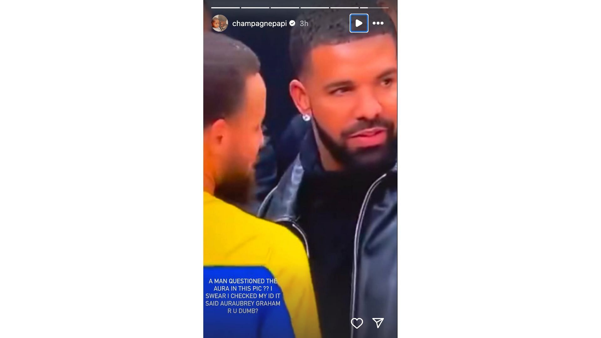 Drake posts message after meeting Steph Curry at Scotiabank Arena. Photo Credits: Instagram/@champagnepapi