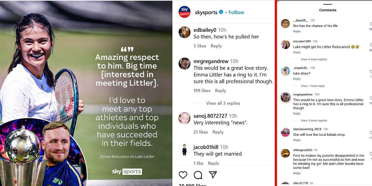 Fan reactions to Emma Raducanu&#039;s comments on Luke Littler (Image: Instagram @skysports)