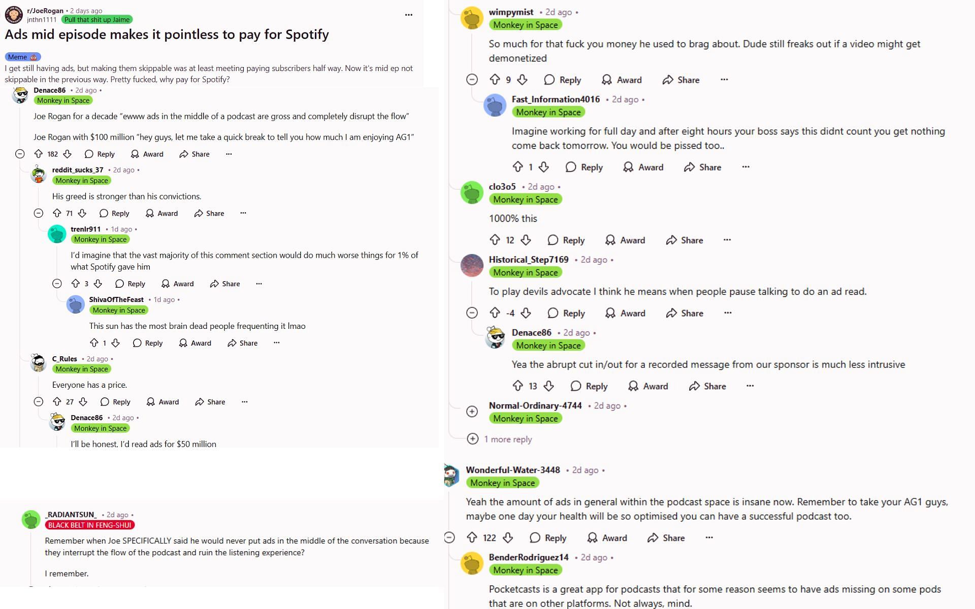 Fans react to non-skippable ads in Joe Rogan&#039;s podcast. [Screenshots courtesy: Reddit]