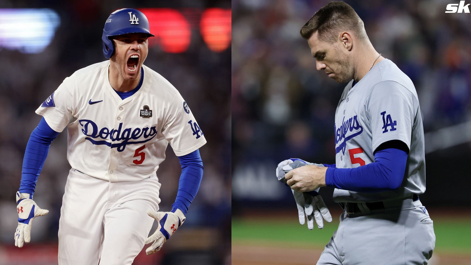 Freddie Freeman of the Los Angeles Dodgers reacts after hitting a solo home run against the New York Yankees during Game 2 of the World Series (Source: Getty)