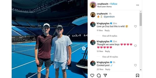 Nick Kyrgios' comments on Cruz Hewitt's post with Jannik Sinner | Instagram @cruzhewitt