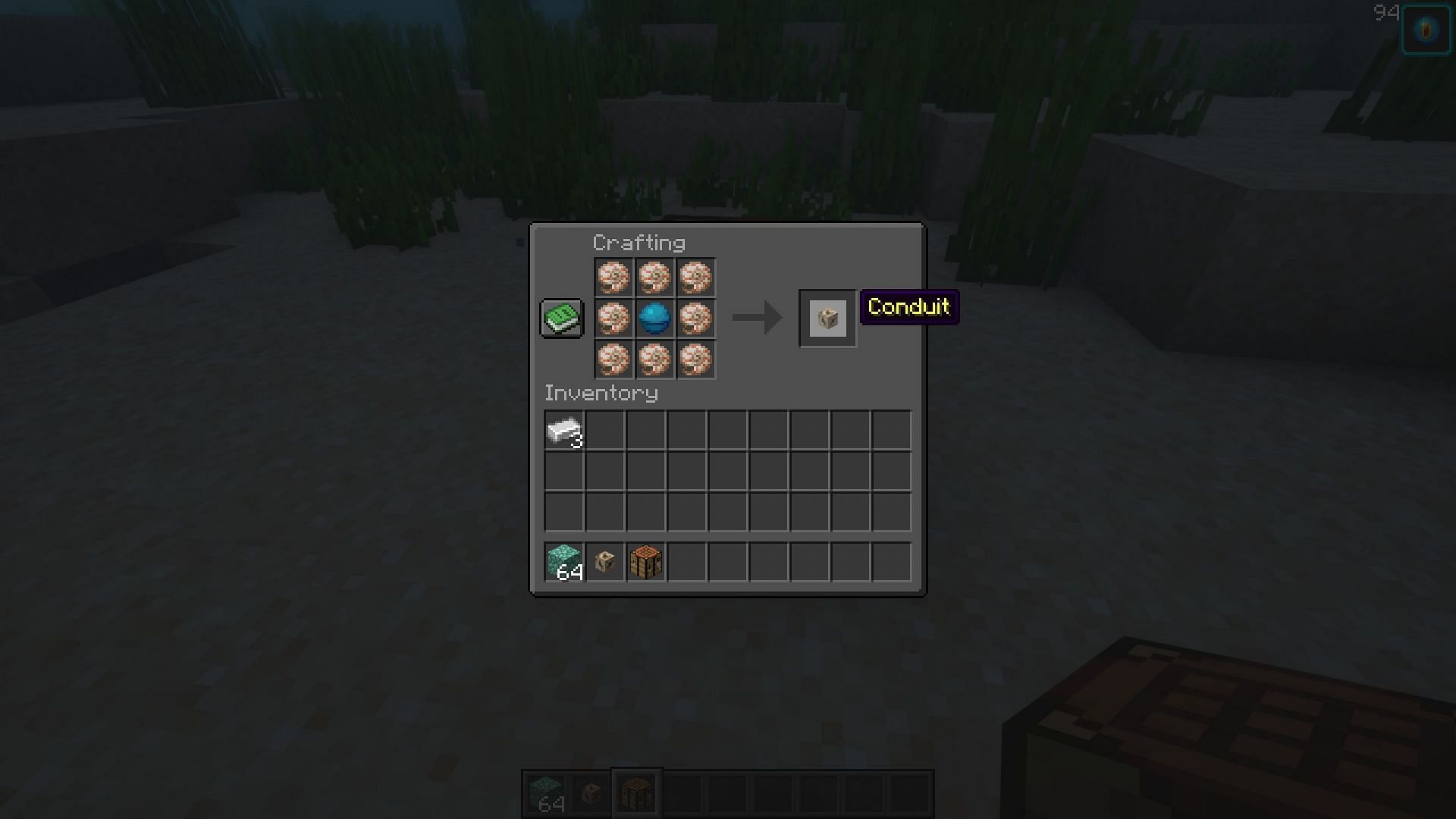 Conduit can be crafted using the heart of the sea and eight nautilus shells (Image via Mojang Studios)