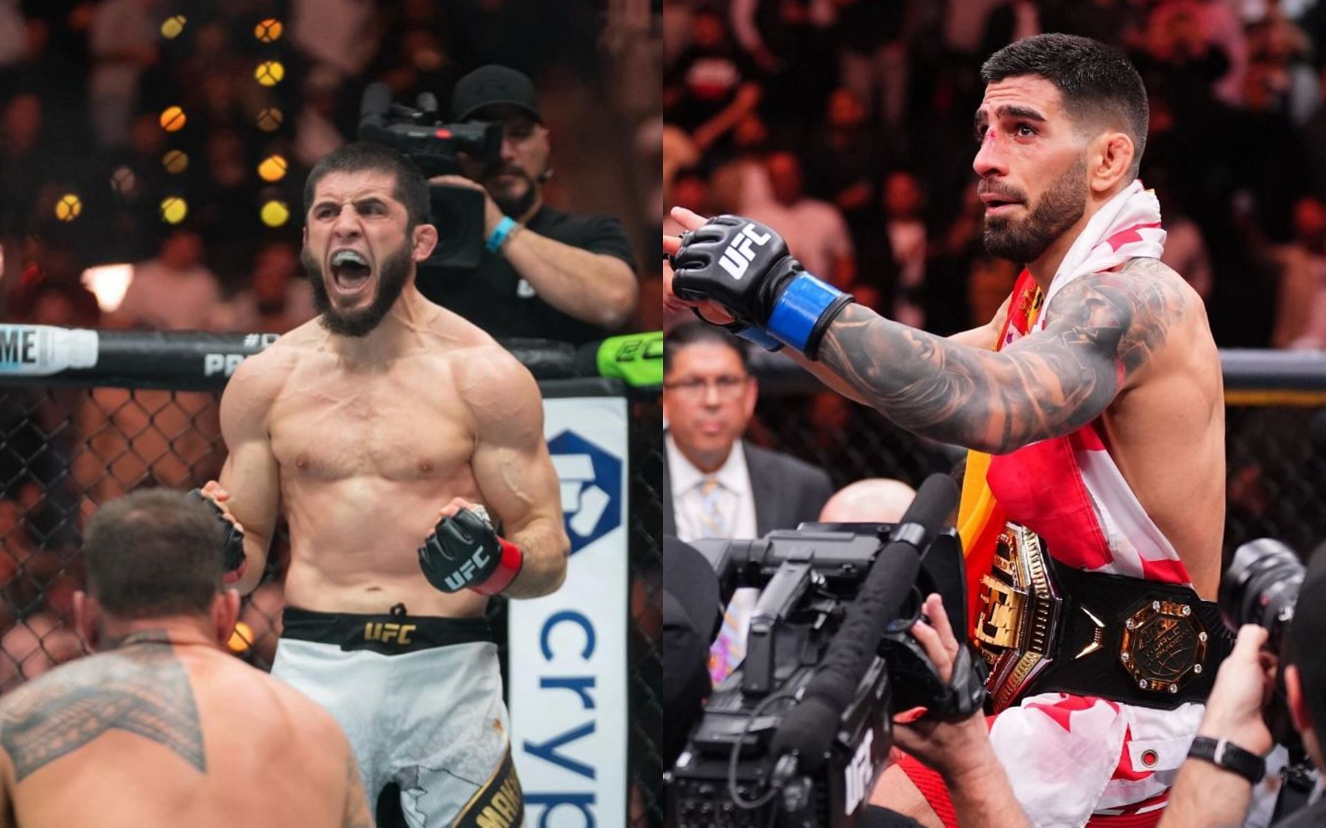 A coach of Islam Makhachev (left) admits that Ilia Topuria (right) has &quot;the best boxing in the business&quot;. [Image credit: @ufc, @iliatopuria on Instagram]