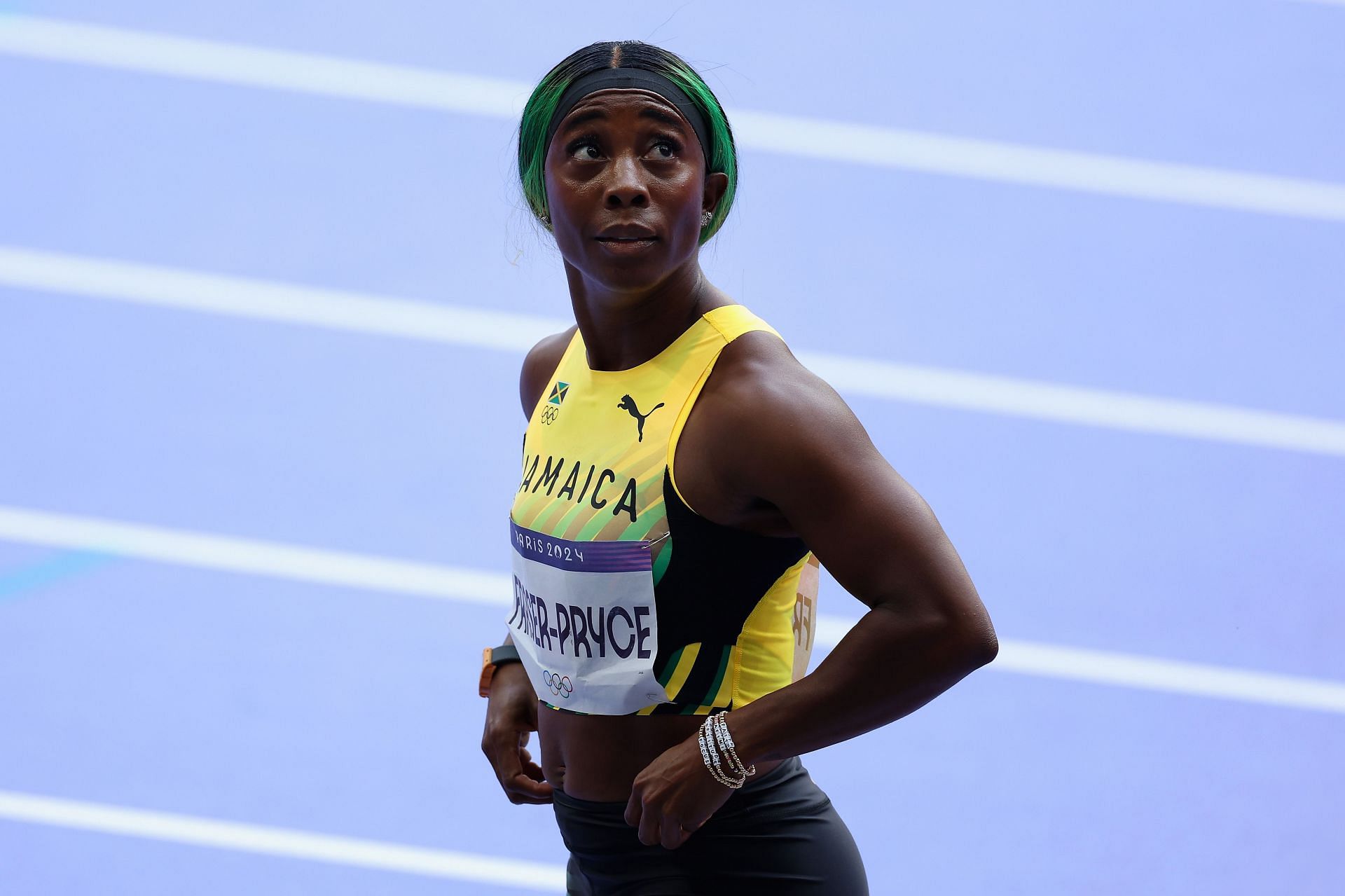 Shelly-Ann Fraser-Pryce at Paris Olympics (Photo by Christian Petersen/Getty Images)