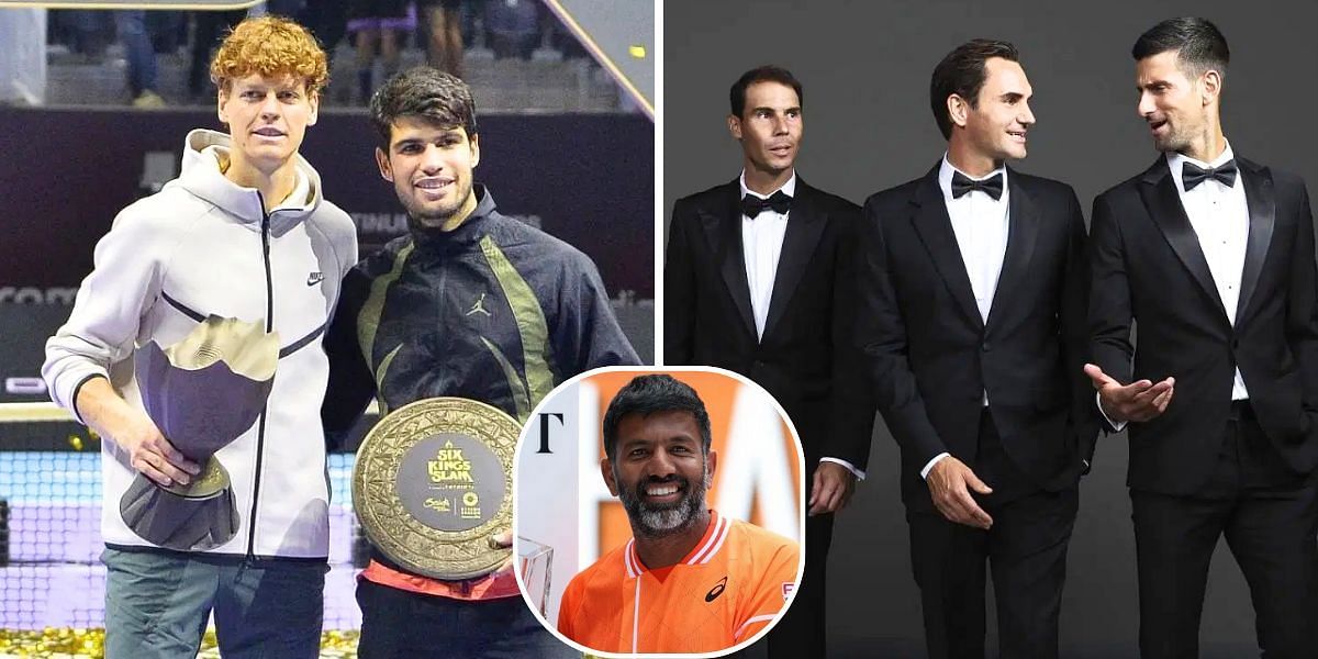 Jannik Sinner with Carlos Alcaraz (L); Rohan Bopanna (inset); Rafael Nadal, Roger Federer, and Novak Djokovic | Images: Getty