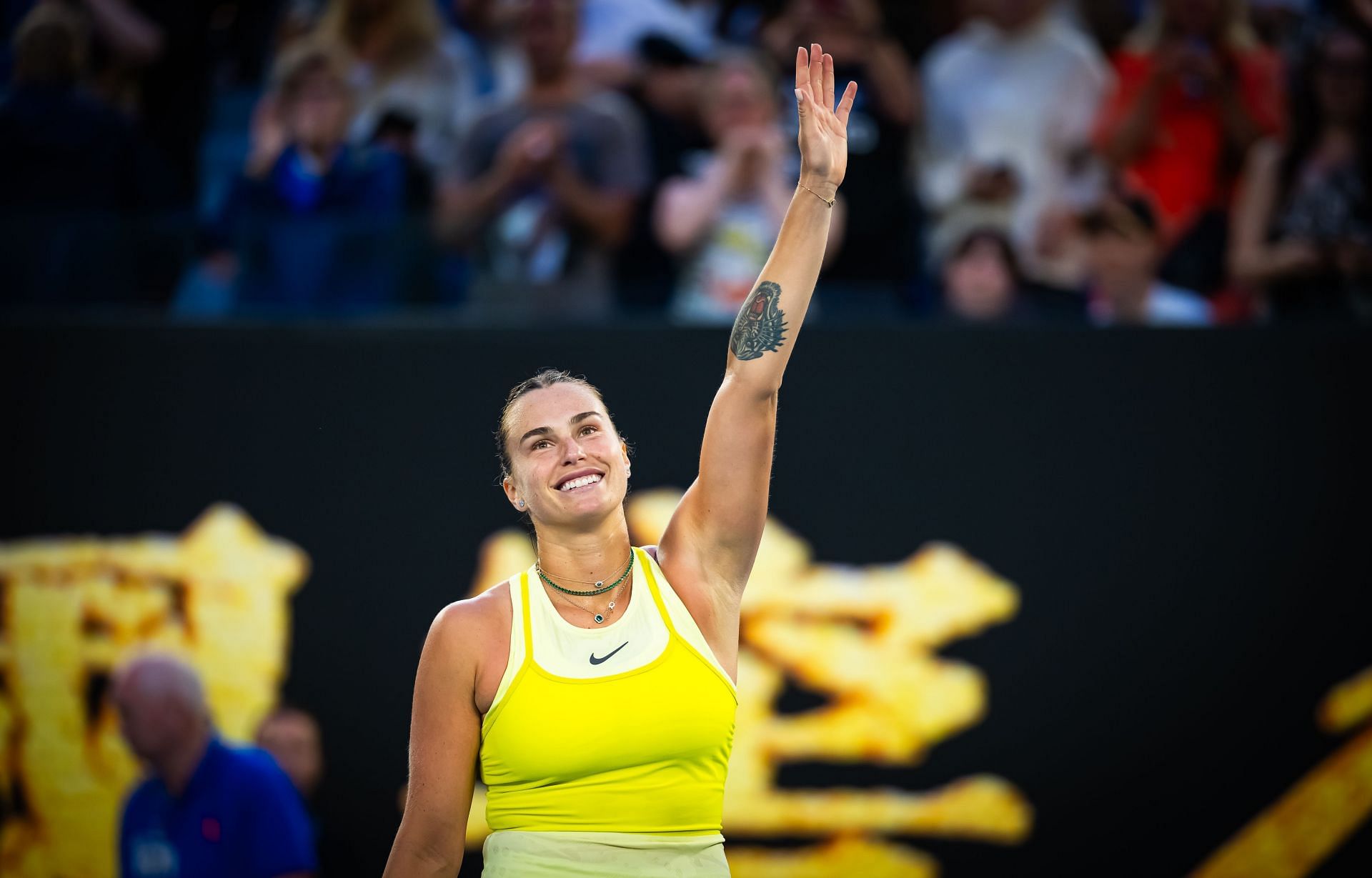 Aryna Sabalenka waves to the crowd at Rod Laver Arena (Getty)