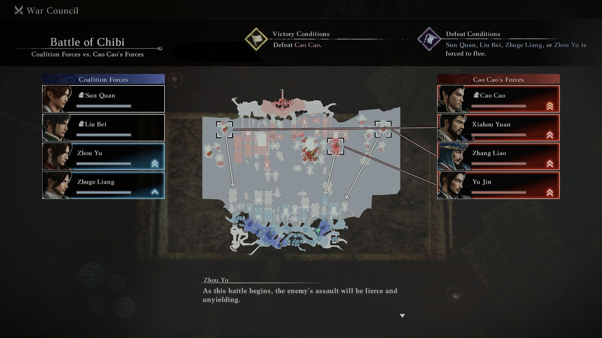 Battle strategy for the Battle of Chibi in Dynasty Warriors Origins (Image via Koei Tecmo)