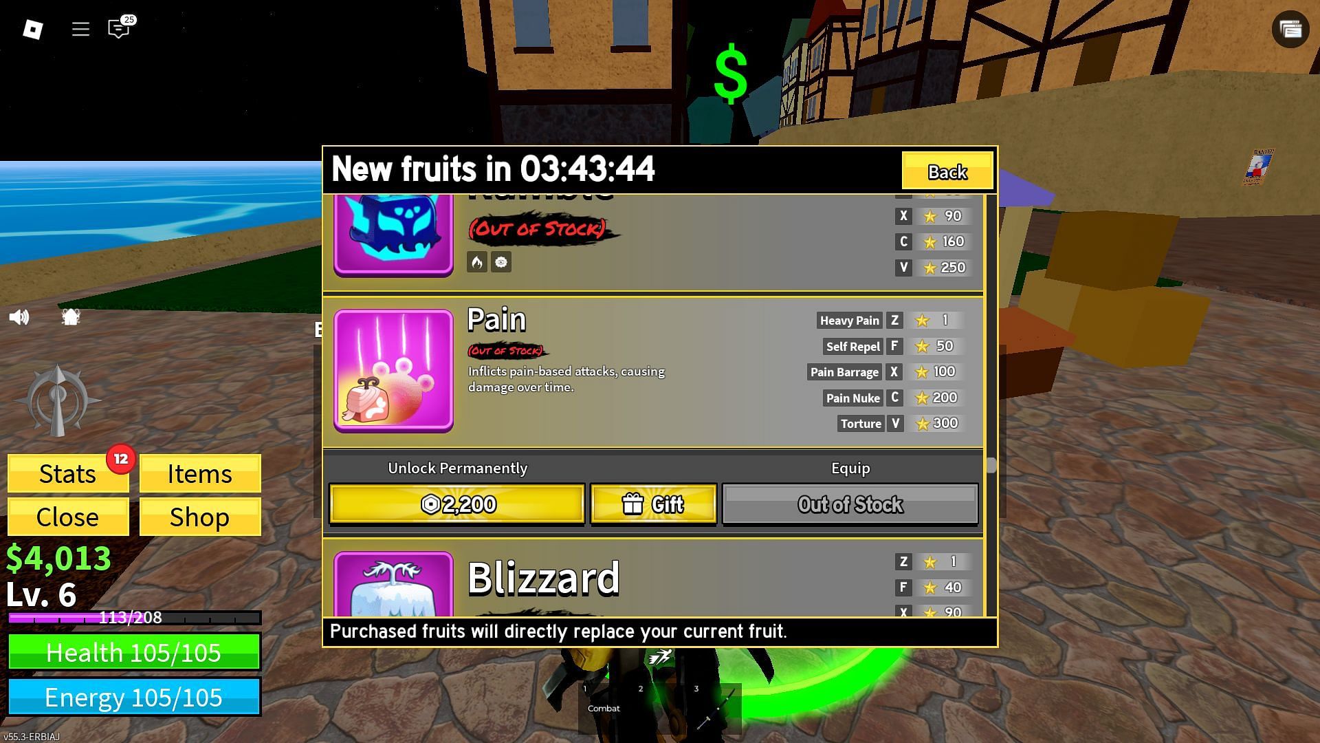 Buy the Pain Fruit from the Blox Fruit Dealer (Image via Roblox)