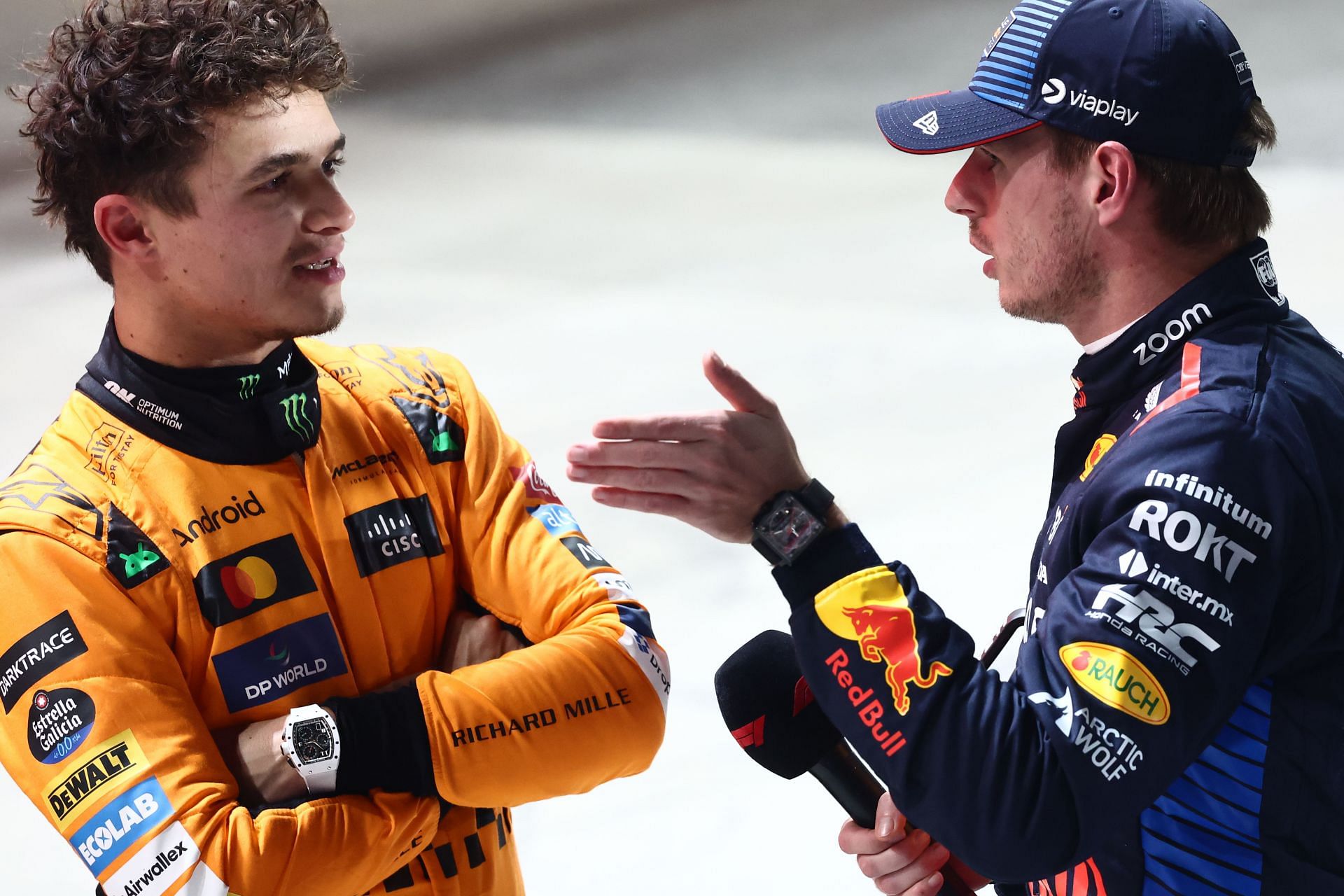 Lando Norris of McLaren and Max Verstappen of Red Bull Racing after qualifying - Source: Getty