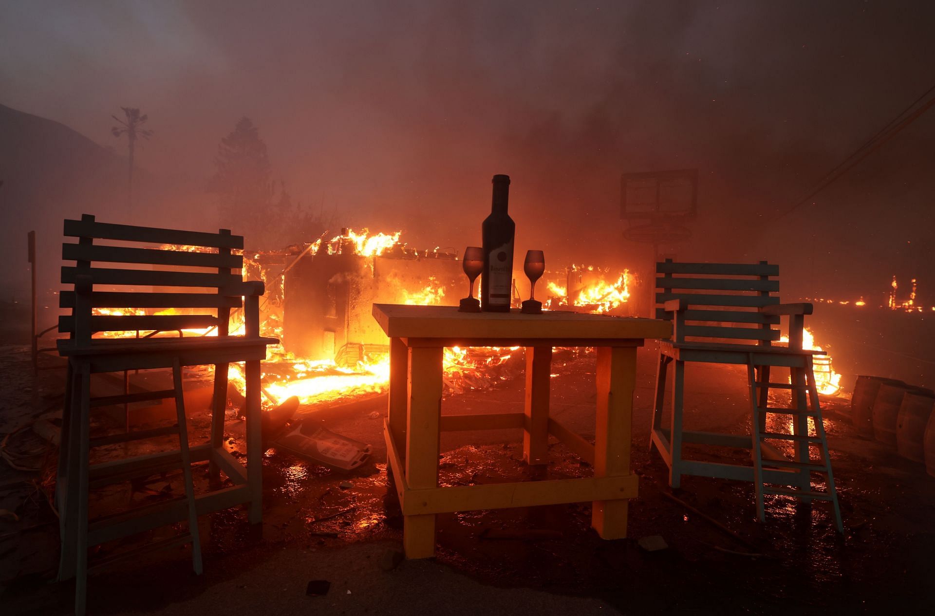 Rosenthal Wine Tasting goes up in flames along PCH as the Palisades Fire in Malibu. Source: Getty