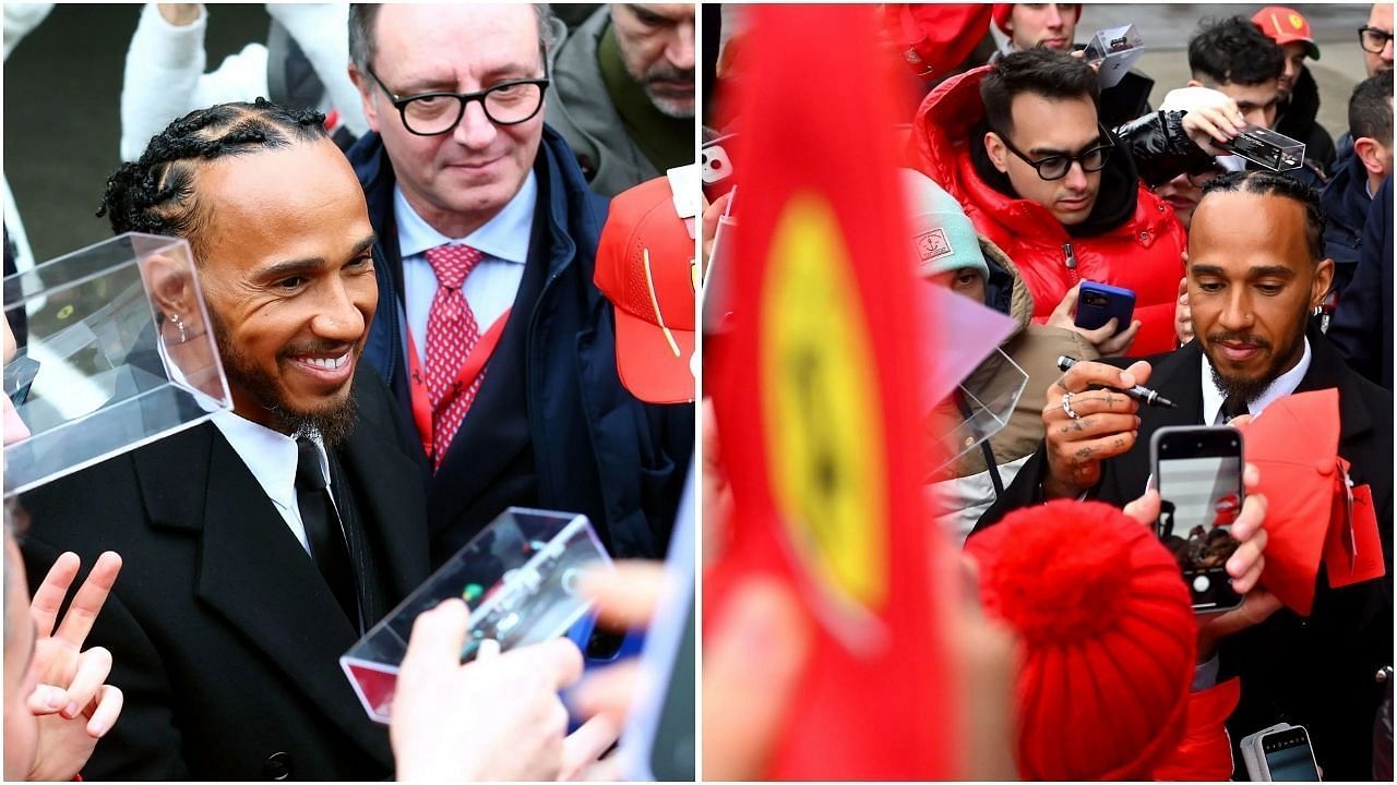 Ferrari superstar Lewis Hamilton greets fans on his first day at Maranello (Getty Images)