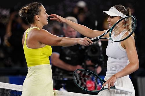 Aryna Sabalenka and Paula Badosa (in white) at the 2025 Australian Open - Day 12 - Source: Getty