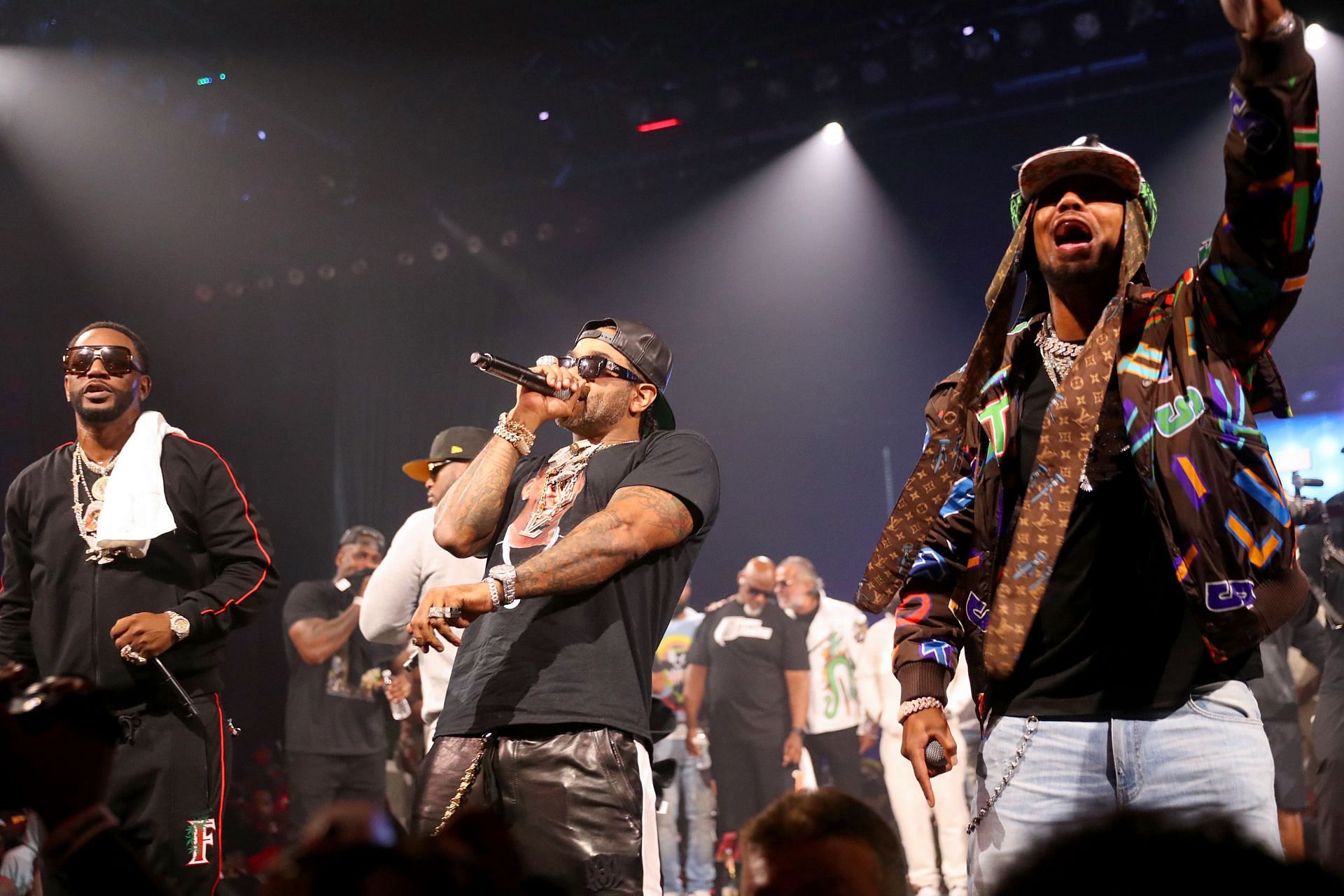 Cam&#039;ron, Jim Jones, and Juelz Santana of Dipset perform onstage during Verzuz: The Lox Vs Dipset at Madison Square Garden on August 03, 2021, in New York City (Image via Johnny Nunez/WireImage)