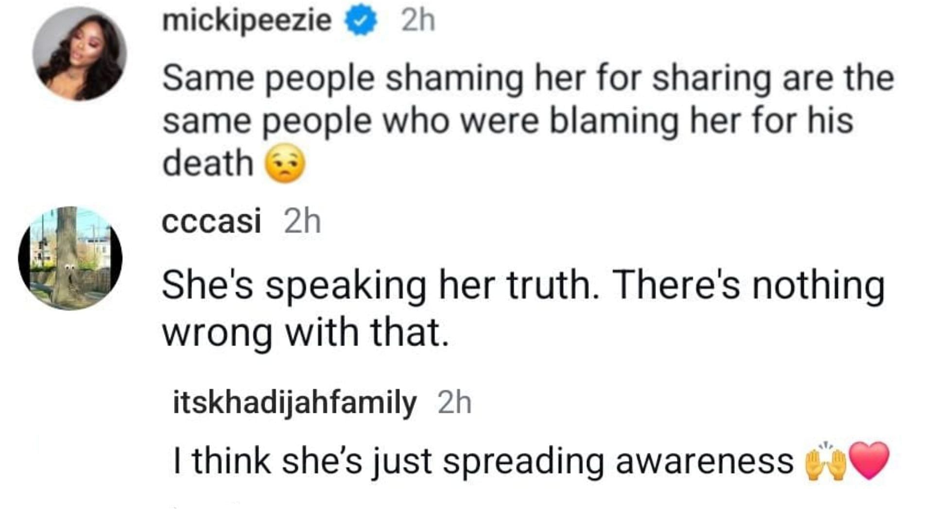 Netizens reacted as Holker opened up about her late partner (Image via Instagram / @Mickipeezie / @cccasi / @itskhadijahfamily)