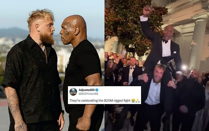 "They’re celebrating the $20M rigged fight" - Fans react as Jake Paul lifts Mike Tyson on his shoulder during first meeting since their clash