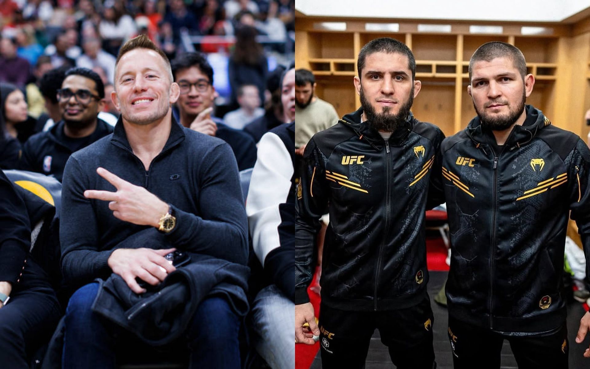 Georges St-Pierre (left) talks about a potential fight between Islam Makhachev (center) and Khabib Nurmagomedov (right). [Images courtesy: Getty and @khabib_nurmagomedov on Instagram]