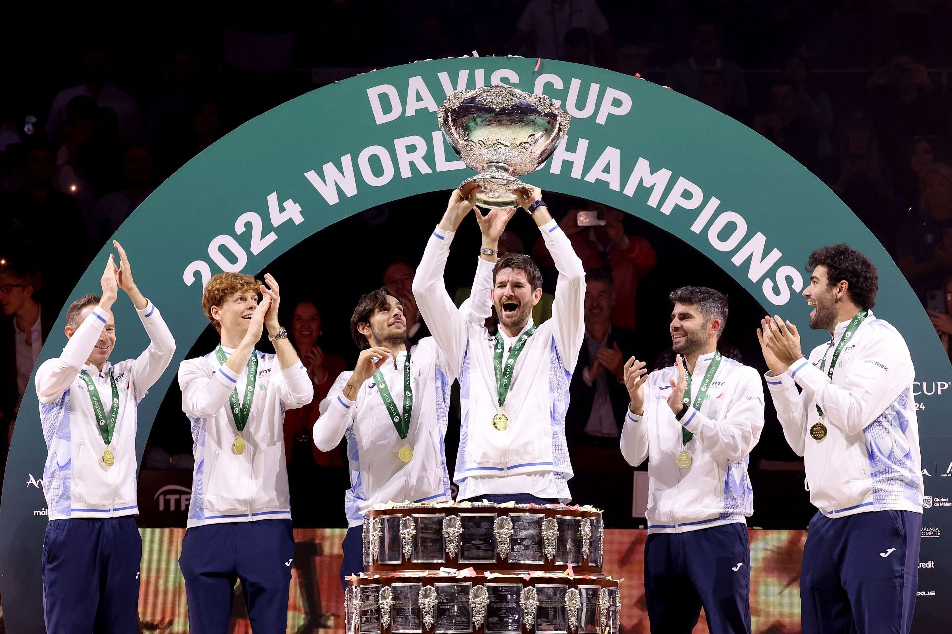 Andrea Vavassori lifts the 2024 Davis Cup silverware. (Getty)