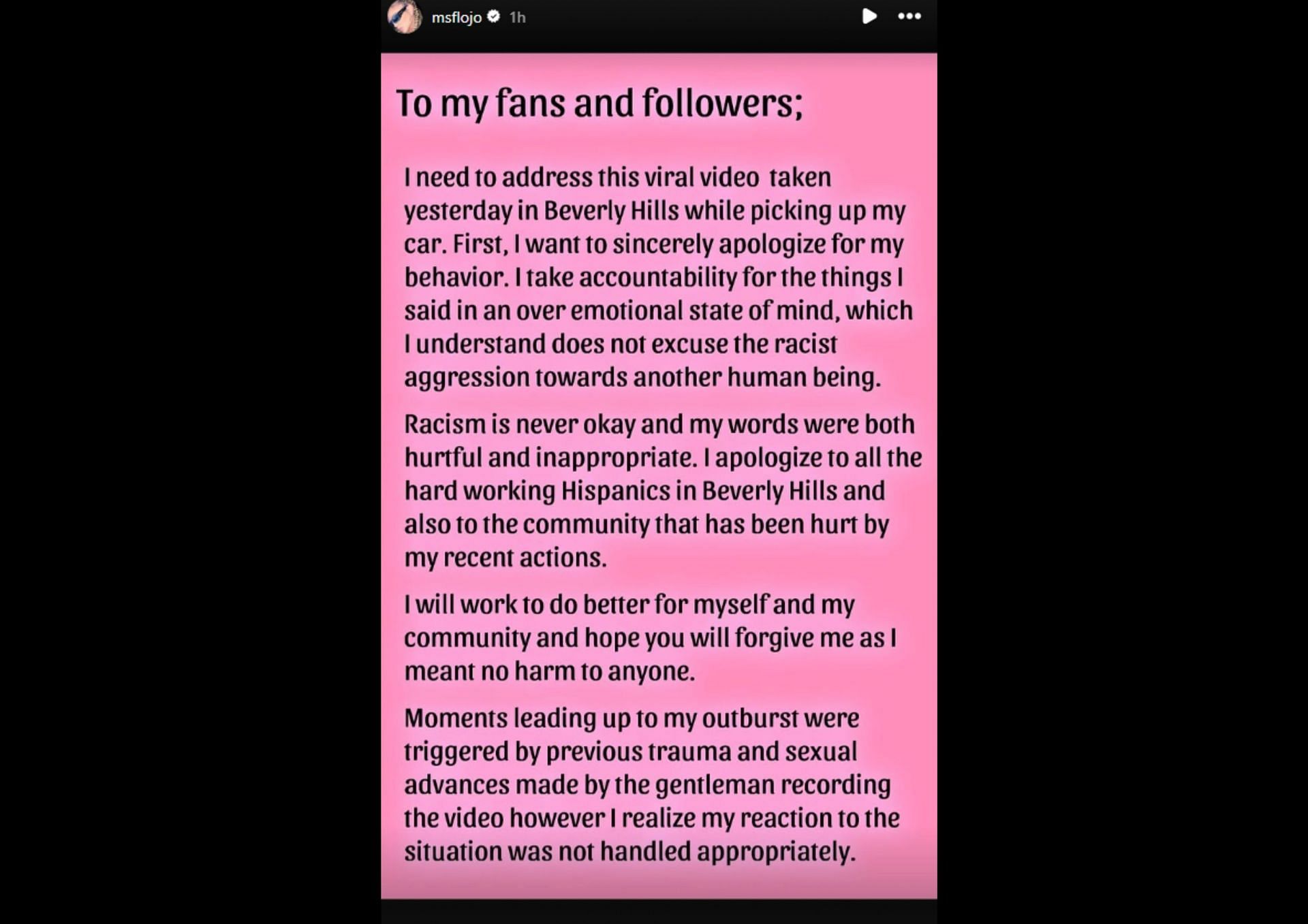 Ms Flojo takes to Instagram to address racist rant (Image via msflojo/Instagram)