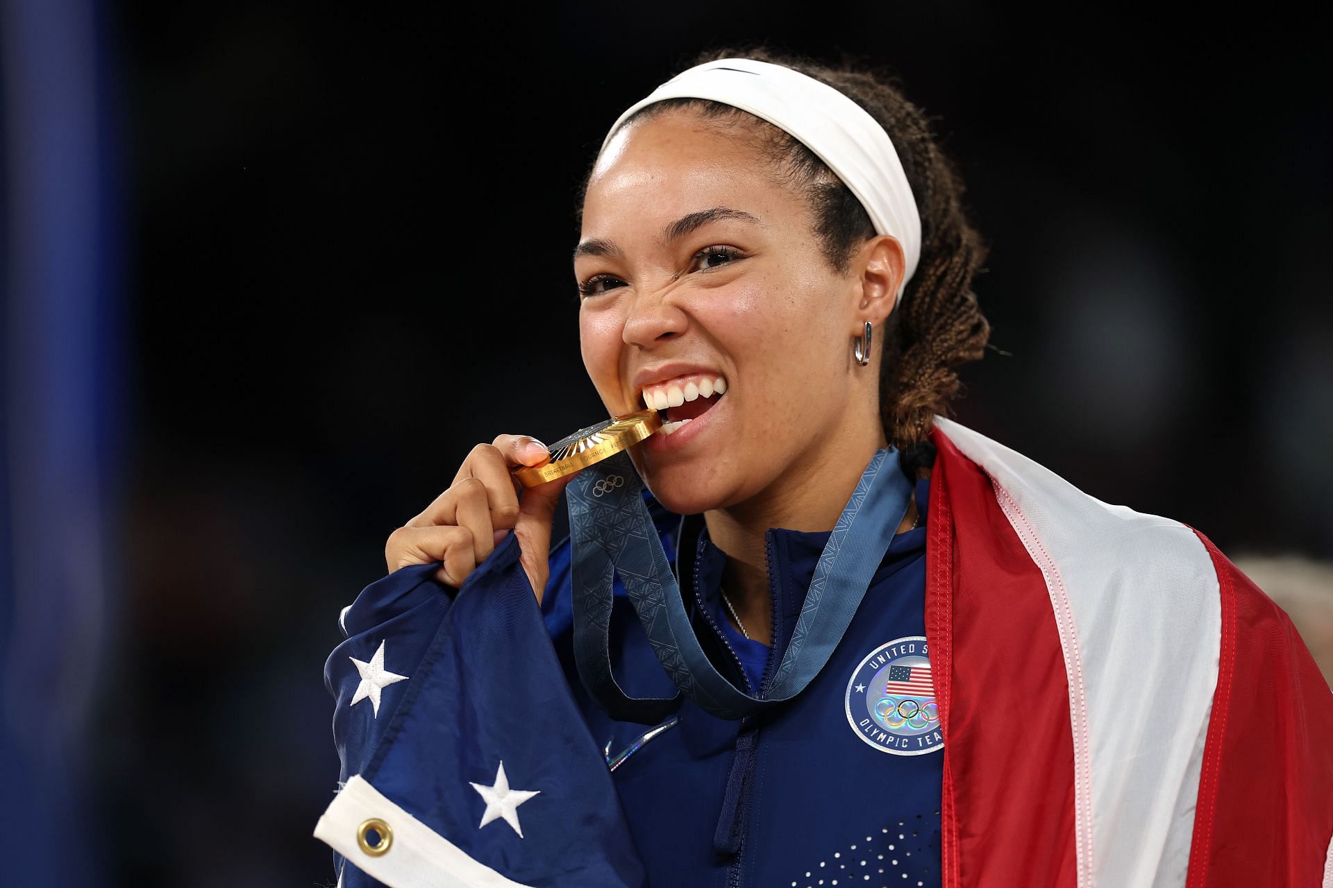 Gold medalist Napheesa Collier of Team United States poses for a photo during the Women&#039;s basketball medal ceremony on Day 16 of the 2024 Paris Olympics at Bercy Arena on August 11, 2024. Photo: Getty