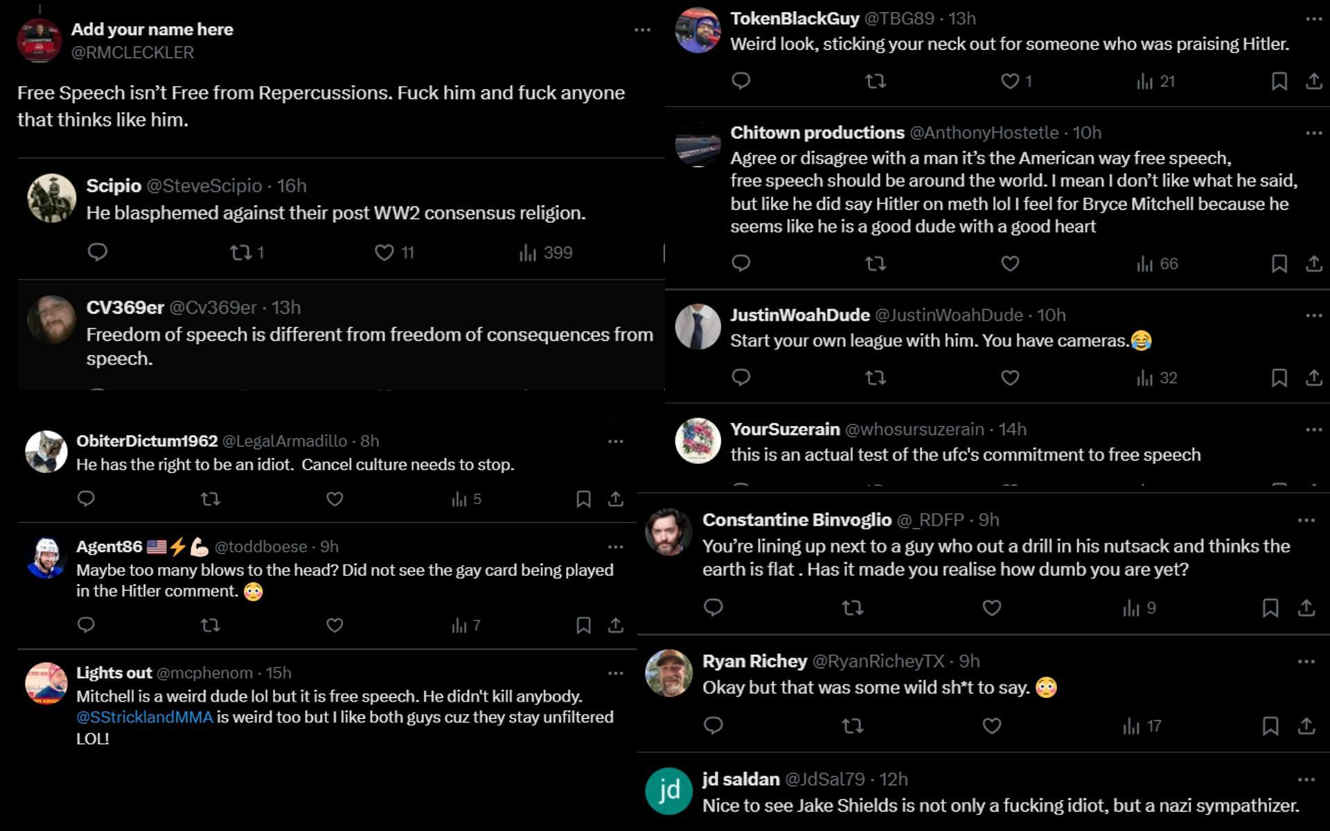 Fans react to Jake Shields siding with Bryce Mitchell. [Screenshots courtesy: @jakeshieldsajj on X]