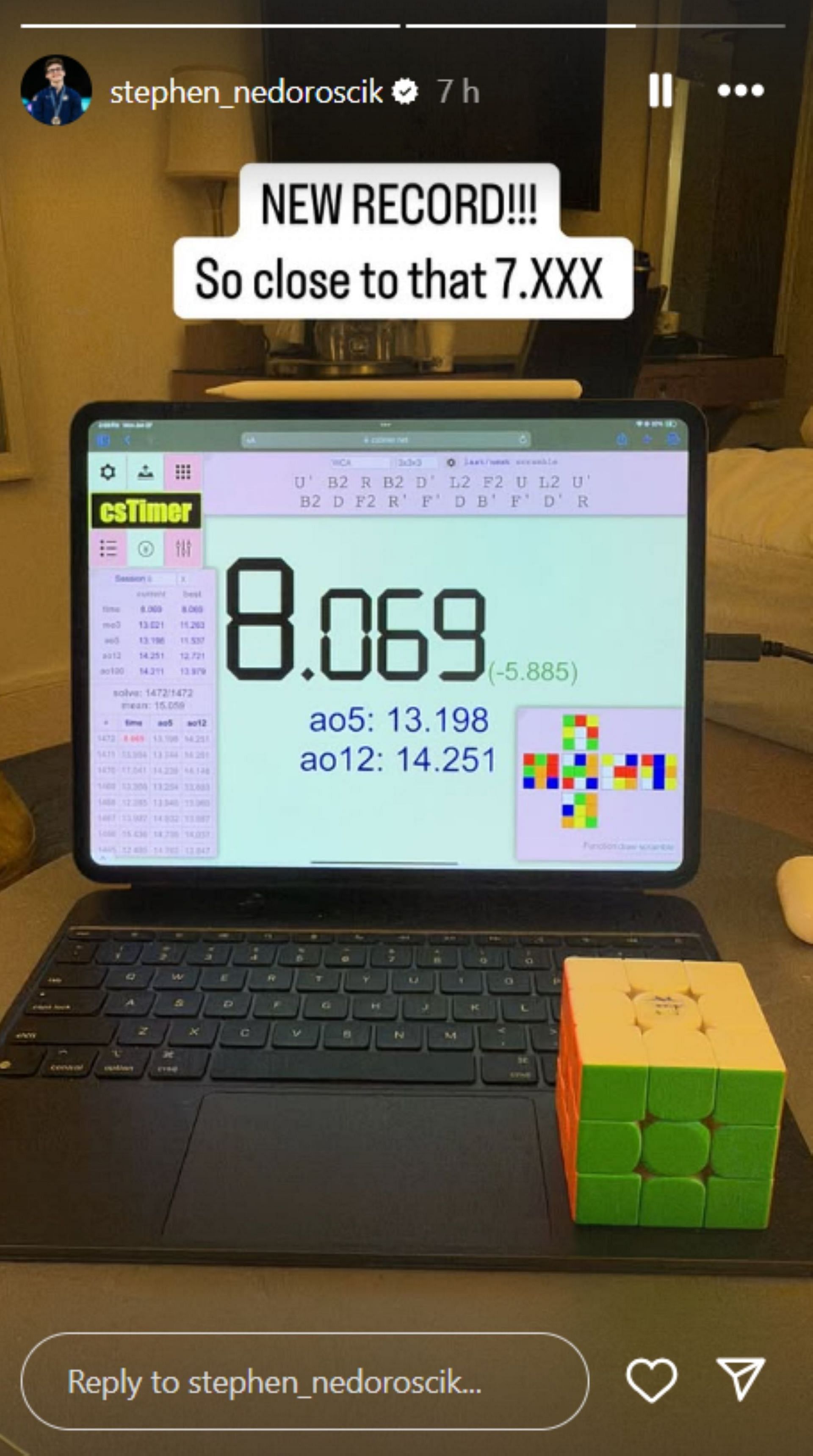 Stephen Nedoroscik shows off his new Rubix cube record; Instagram - @stephen_nedoroscik