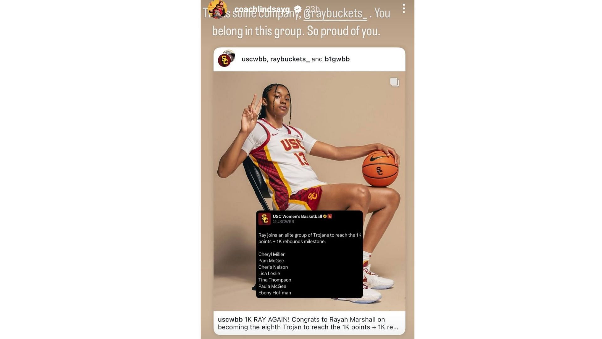 USC Trojans coach Lindsay Gottlieb paid tribute to Rayah Marshall on her Instagram story on Monday after she joined an exclusive list of USC players to have at least 1,000 points and 1,000 rebounds. Source: Instagram/@coachlindsayg