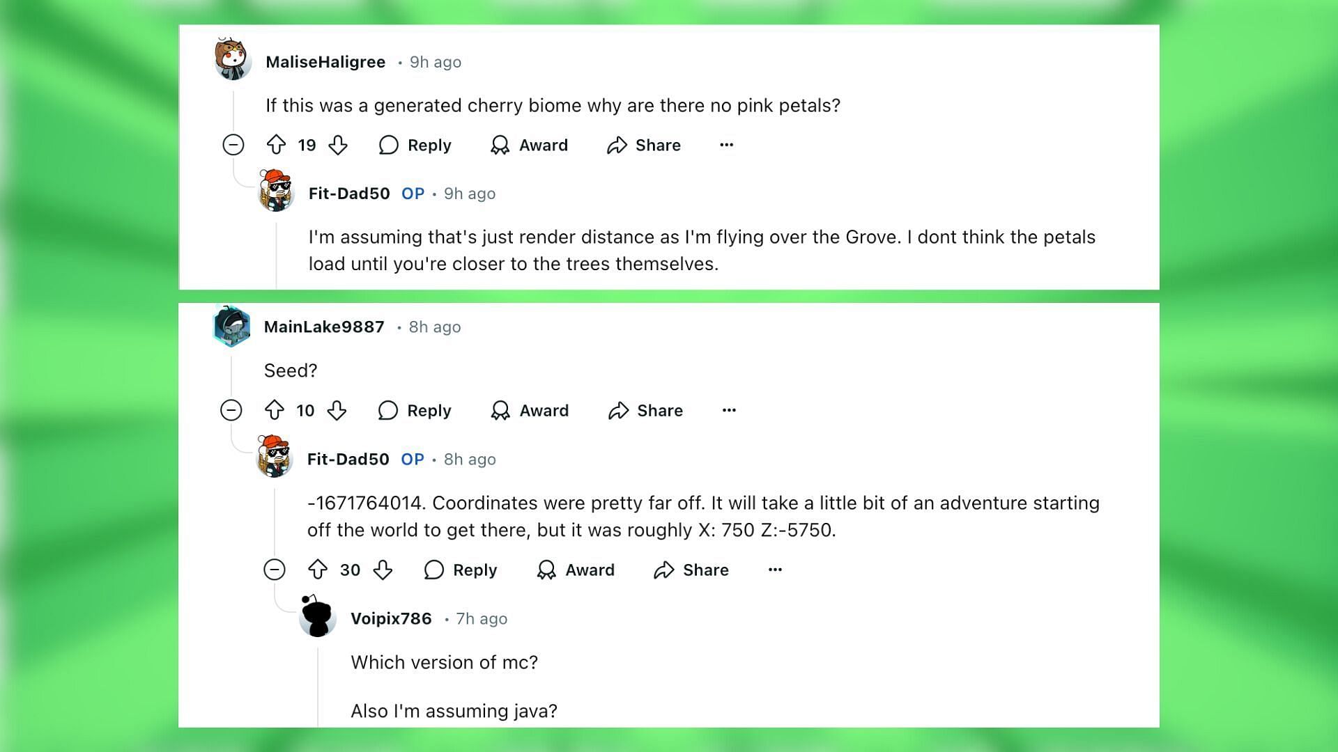 Redditors react to the rare cherry blossom find (Image via Reddit/Fit-Dad50/Mojang Studios)