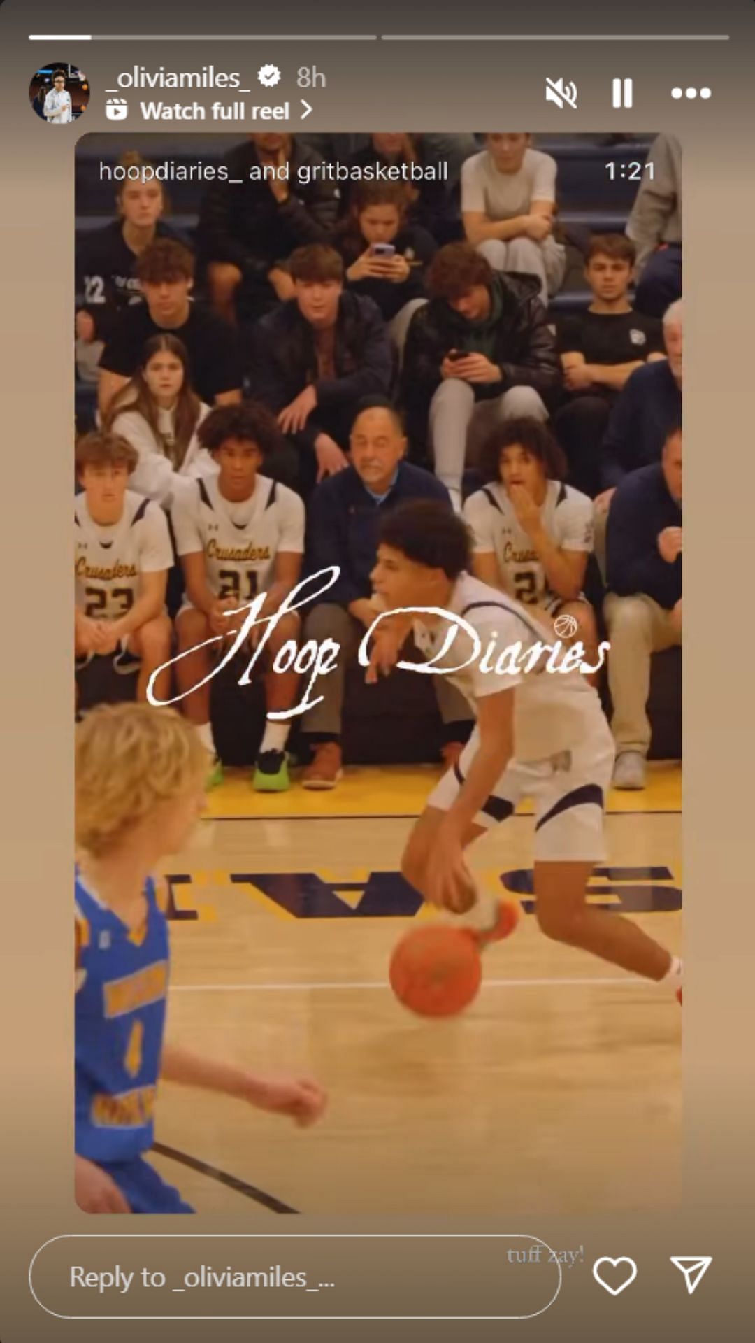 Olivia Miles reacted to her brother&#039;s Hoop Diaries video (IG/_oliviamiles_)