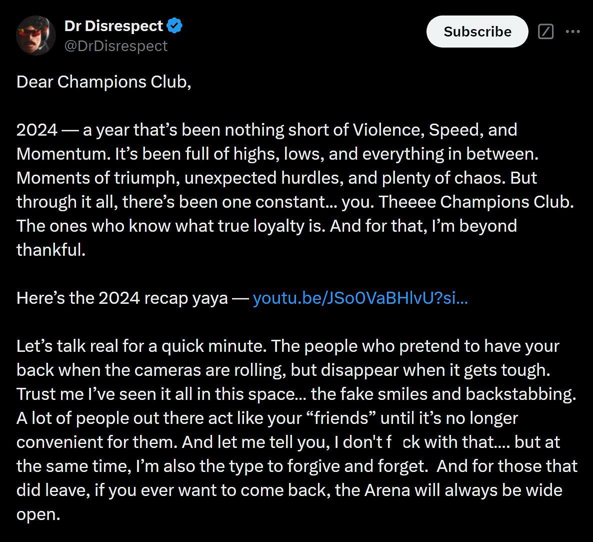 The first part of his message for the New Year (Image via @DrDisRespect/X)