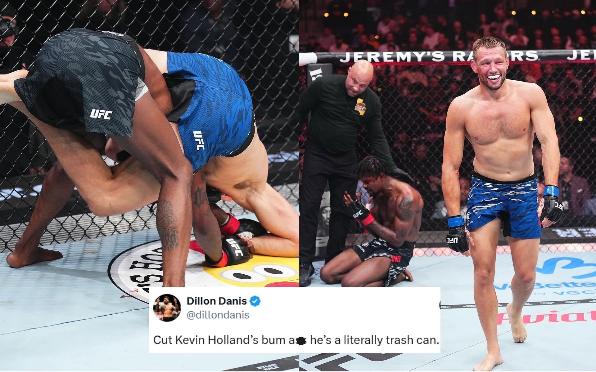 Reinier de Ridder (blue trunks) defeated Kevin Holland (black trunks) at UFC 311. [Images courtesy: @ufc on Instagram]