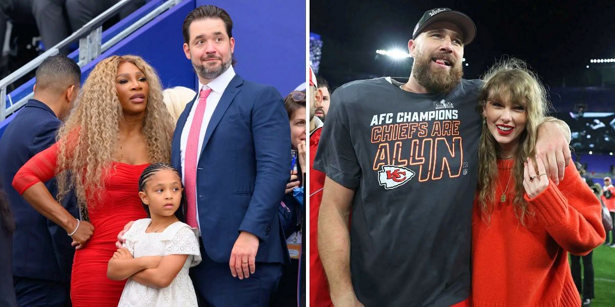 Serena Williams with her husband Alexis Ohanian and daughter Olympia (L); Taylor Swift with her boyfriend Travis Kelce (R) (Image Source: Getty)