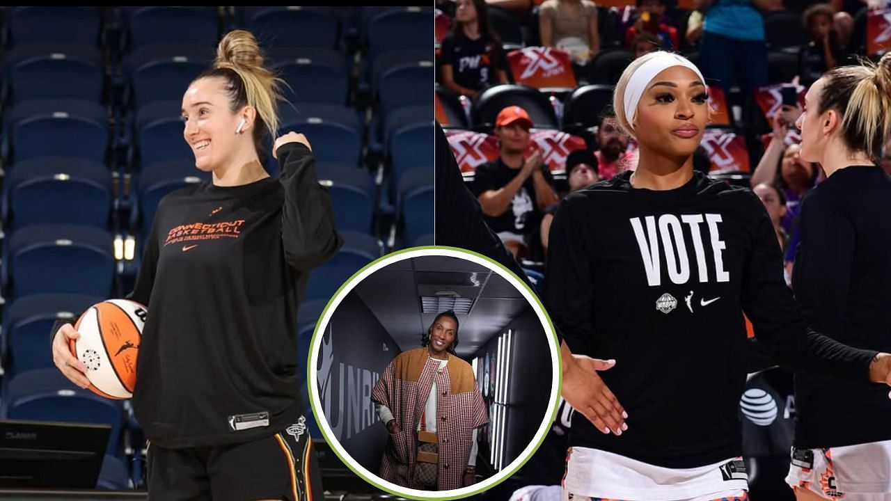 Lisa Leslie reacts to the hilarious cooking exchange between Connecticut Sun teamamates DiJonai Carrington and Marina Mabrey. [photo: @lisaleslie/IG, @dijonai_/IG, @marinamabrey/IG]