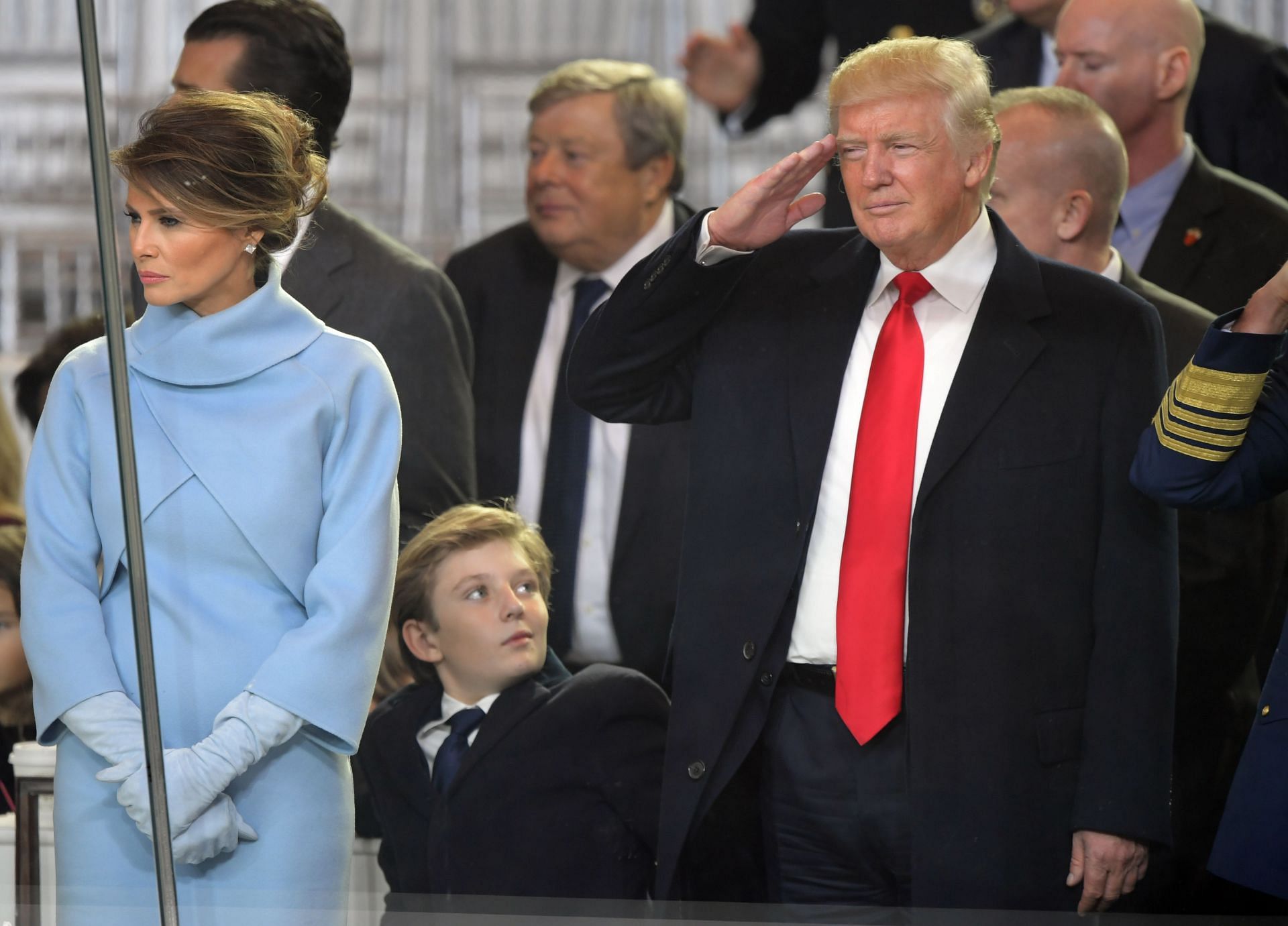 Melania Trump wore a powder blue Ralph Lauren dress during Donald Trump&#039;s 2017 presidential inauguration (Image via Getty)