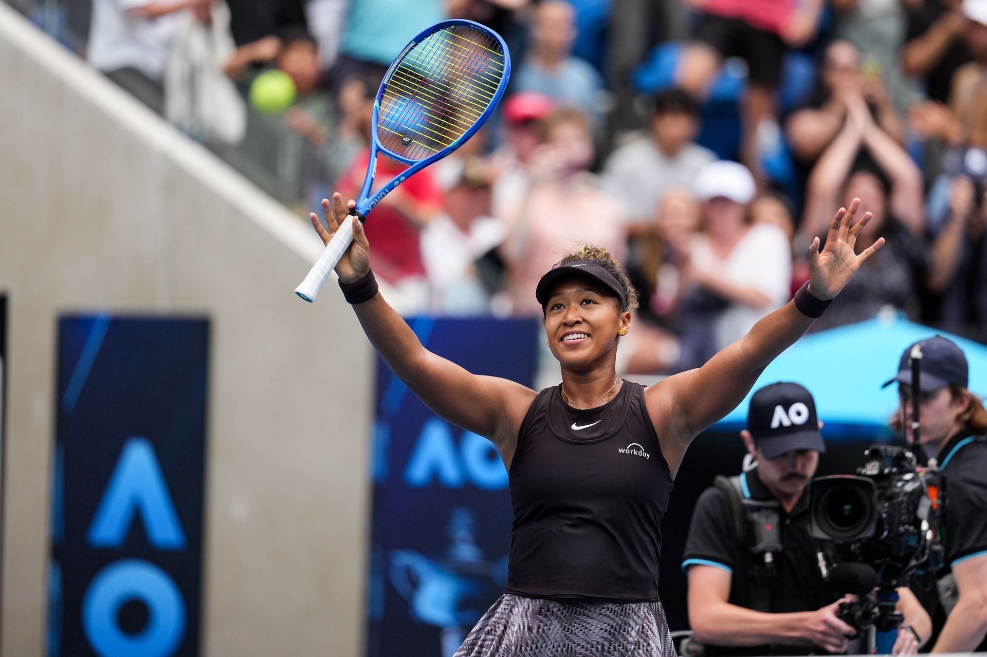 Naomi Osaka celebrates her win over Karol&iacute;na Muchova at the 2025 Australian Open. Source: Getty