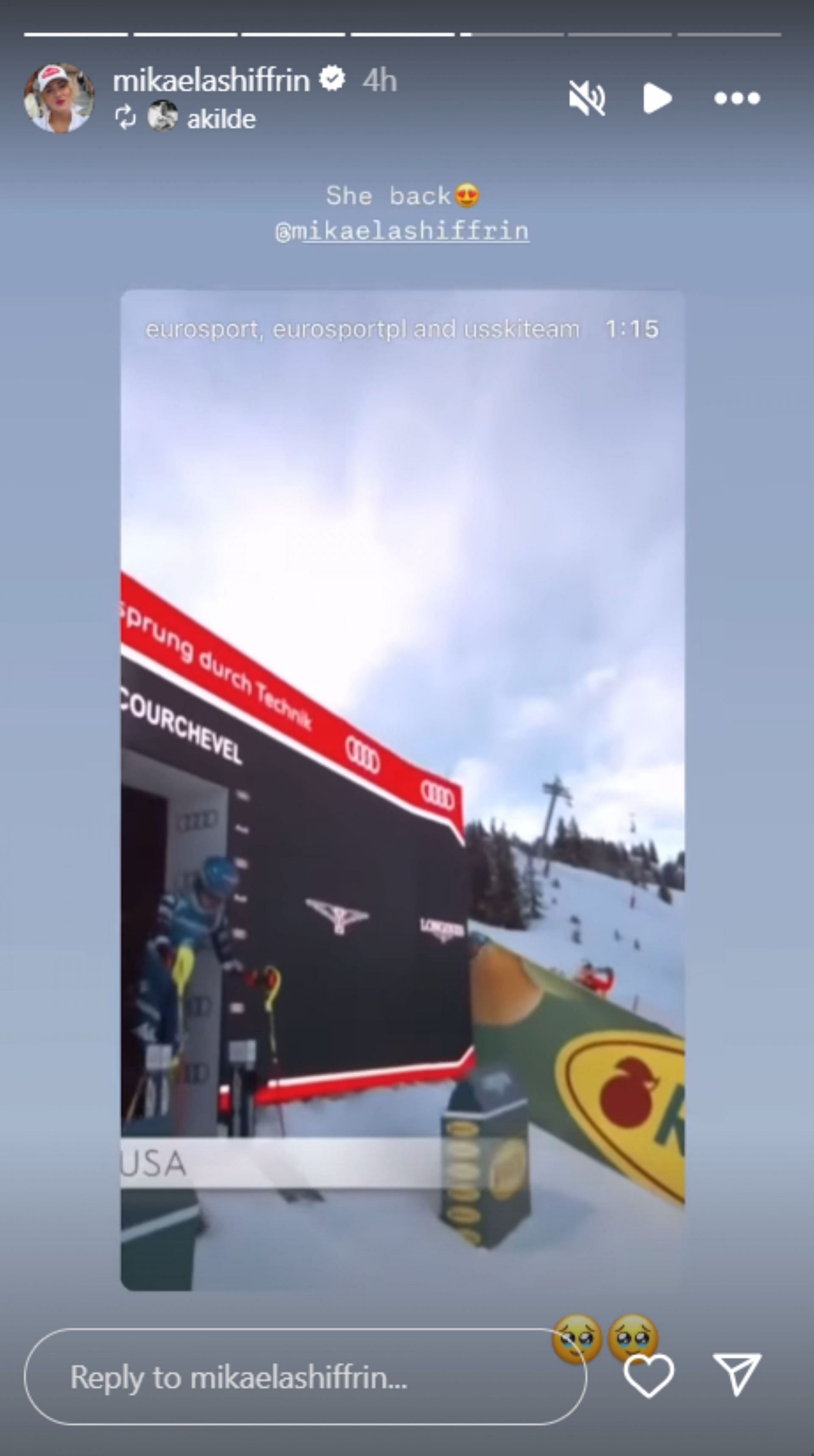 Mikaela Shiffrin reacts to Aleksander Kilde&#039;s support; Instagram - @mikaelashiffrin