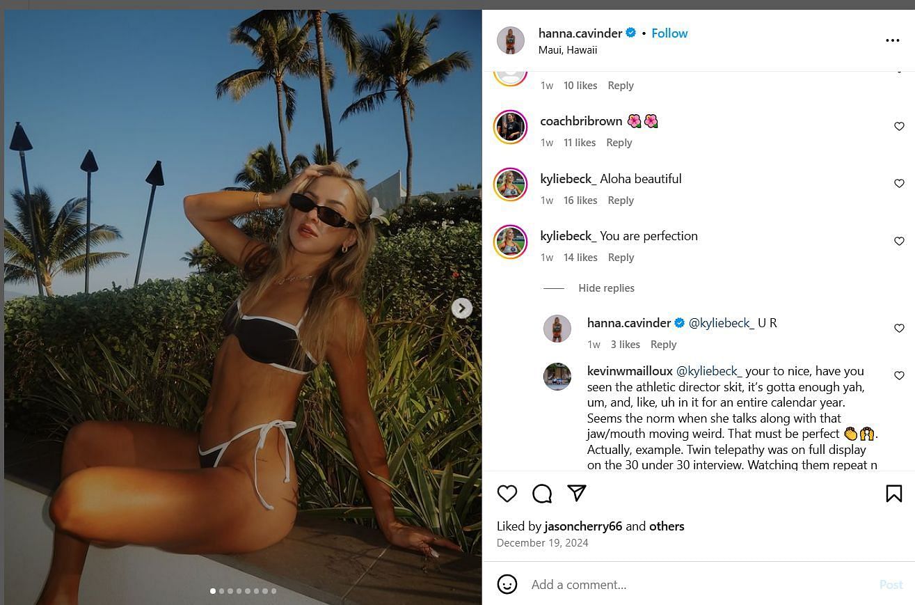 Kylie Beck drops comments on Hanna Cavinder&#039;s IG photos. Image via @hanna.cavinder