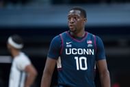 UConn Huskies guard Hassan Diarra (#10) looks to the sidelines during their NCAA game against the Butler Bulldogs on December 21, 2024 at Hinkle Fieldhouse in Indianapolis, Indiana. Photo: Getty