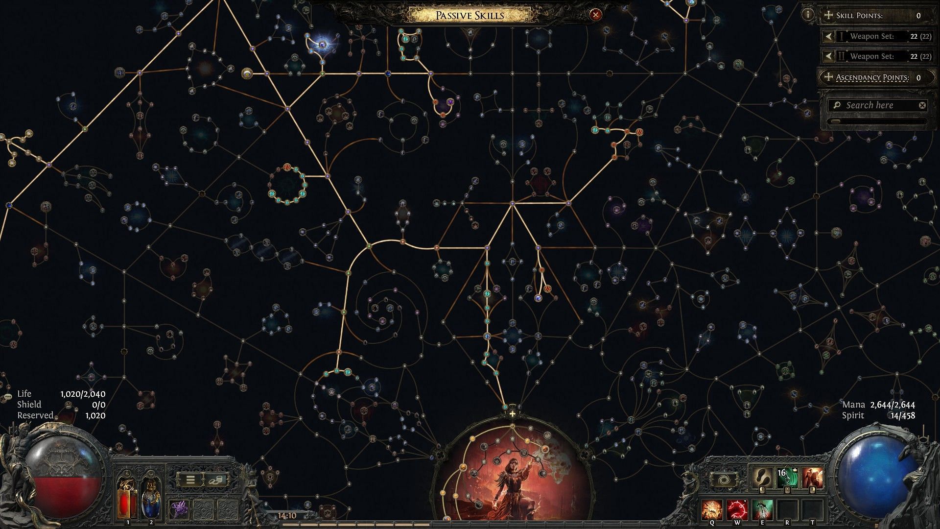 Usual passive nodes for mana-stacking Infernalist Reaver build (Image via GGG)