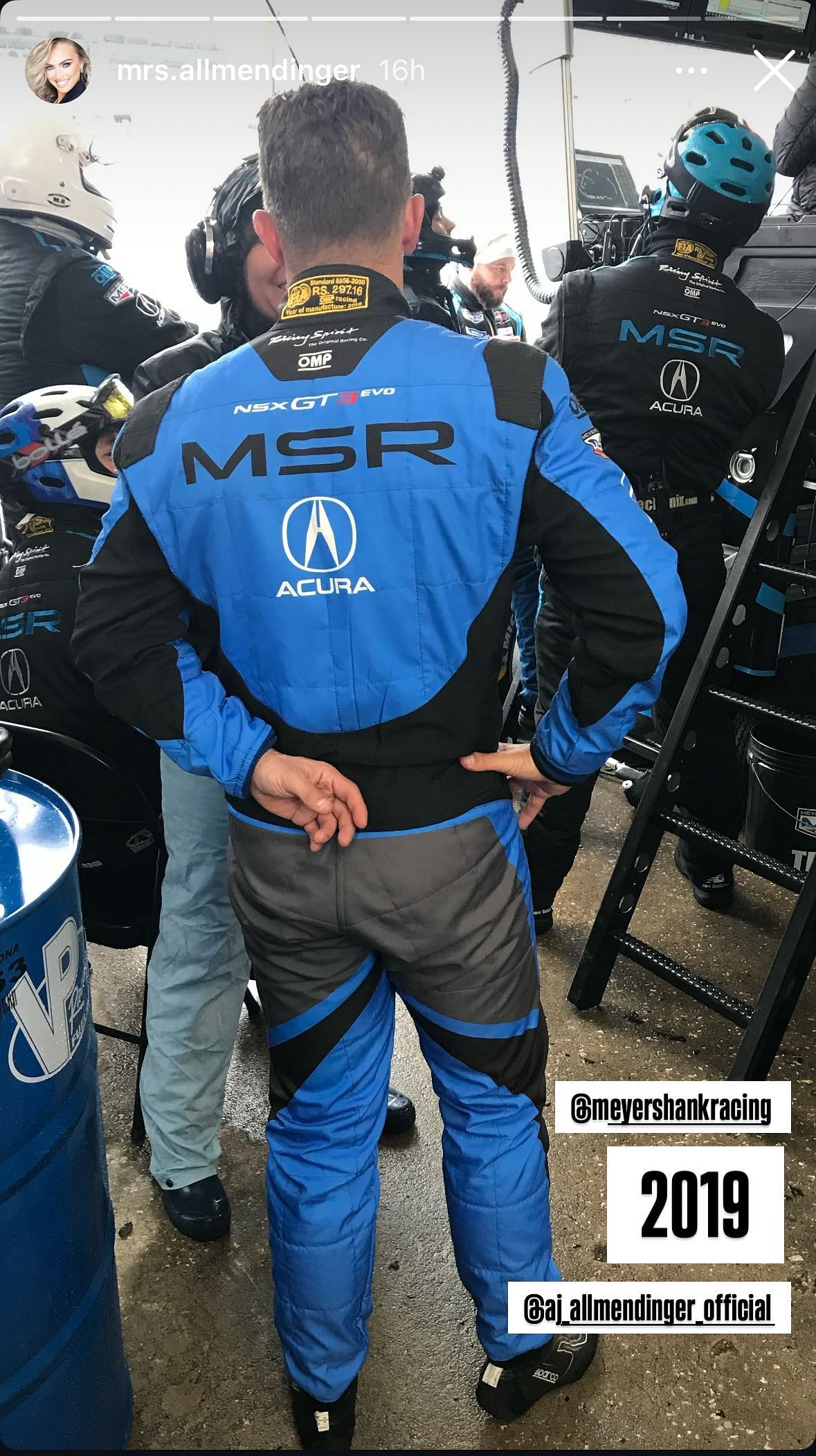 Tara Allmendinger&#039;s Instagram story featuring her husband in the garage at the Rolex 24 - Image via Instagram/@mrs.allmendinger