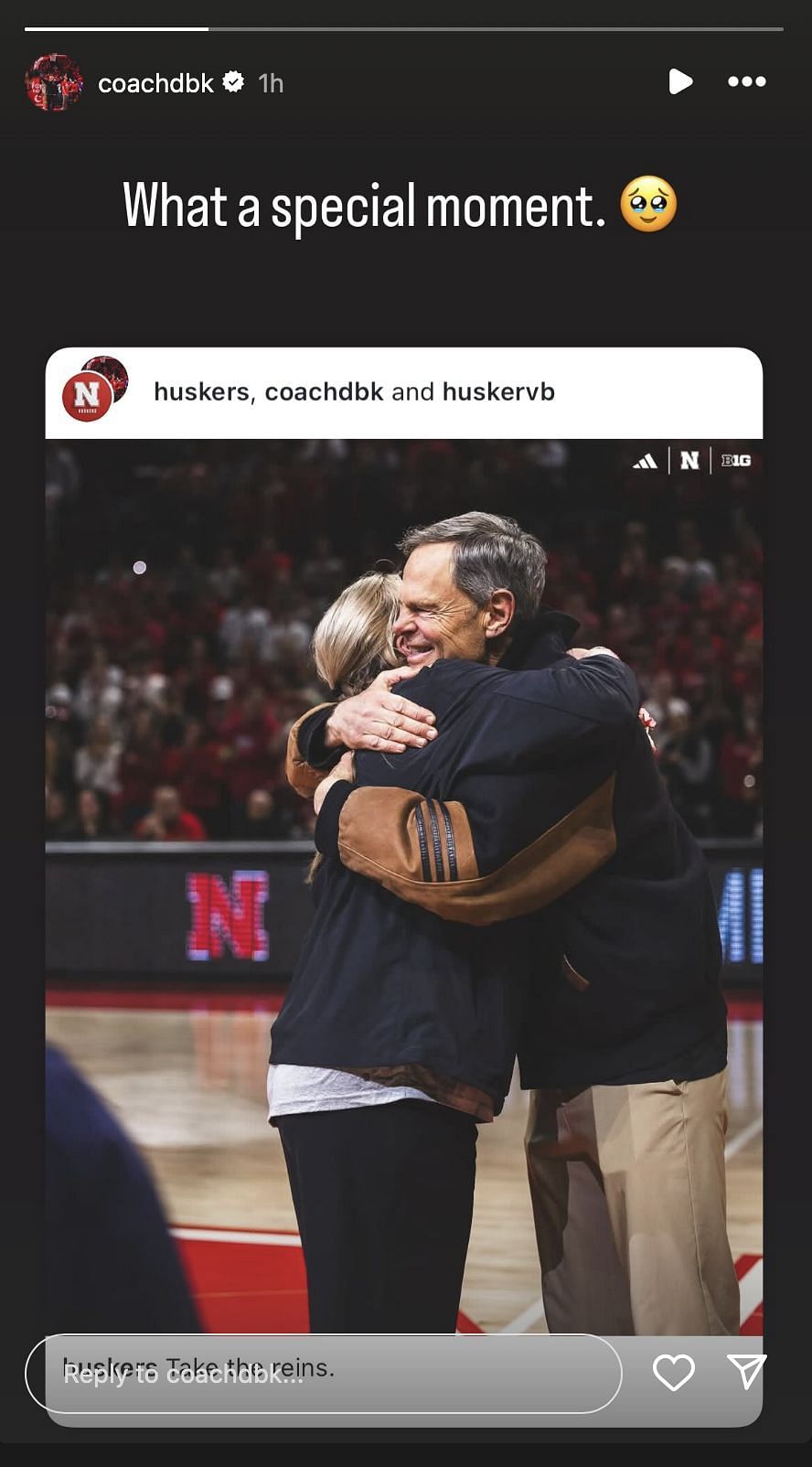 Dani Busboom Kelly meets John Cook after taking over as the head coach of Nebraska Volleyball| Instagram@coachdbk