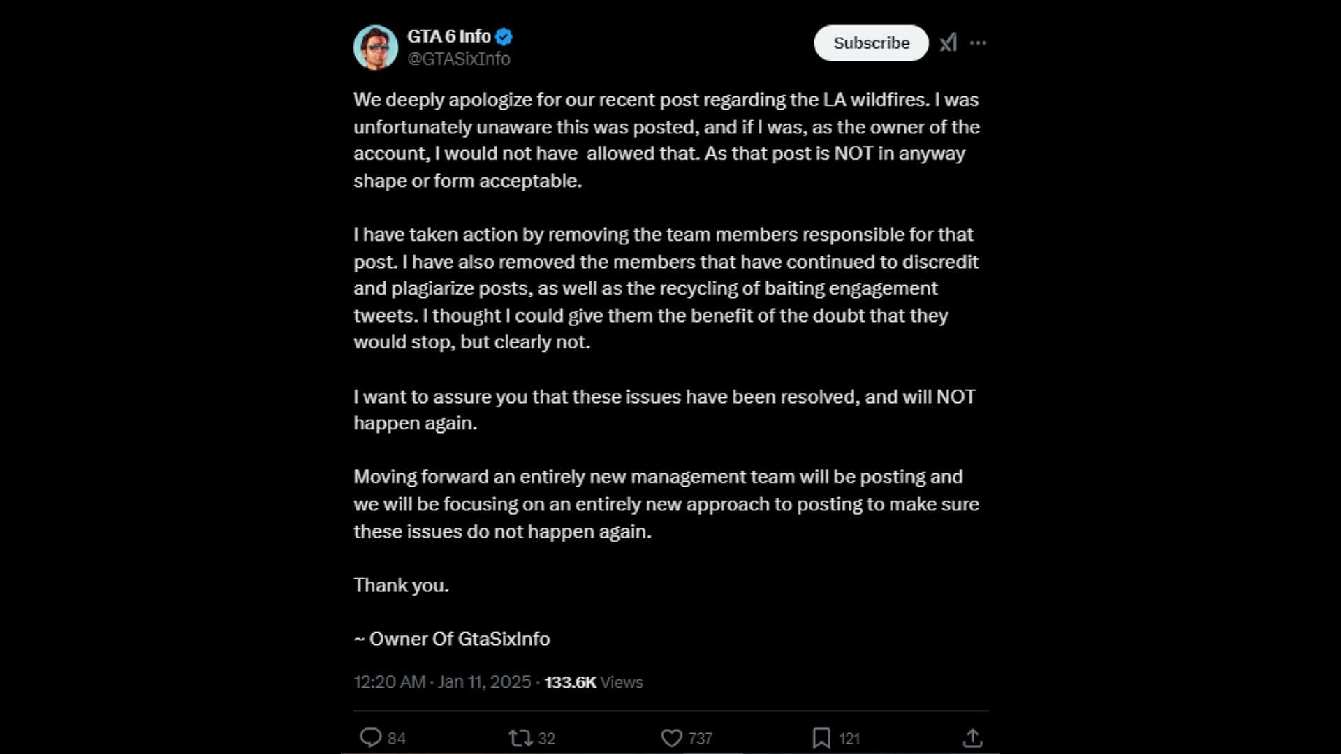 Fan account owner&#039;s apology for the LA Wildfires post (Image via X/@GTASixInfo)