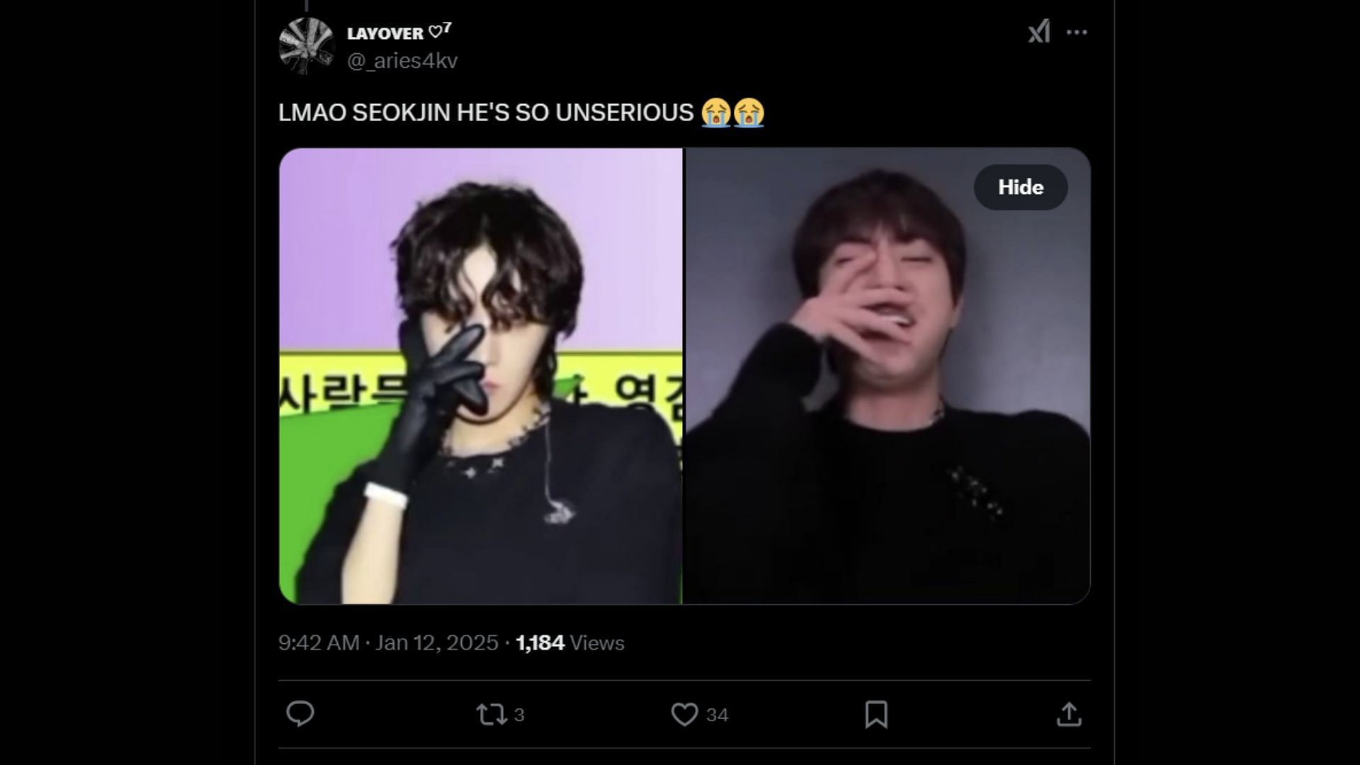 One X user commented on BTS&#039; Jin copying Hobi&#039;s pose (Image via X/@_aries4KV)