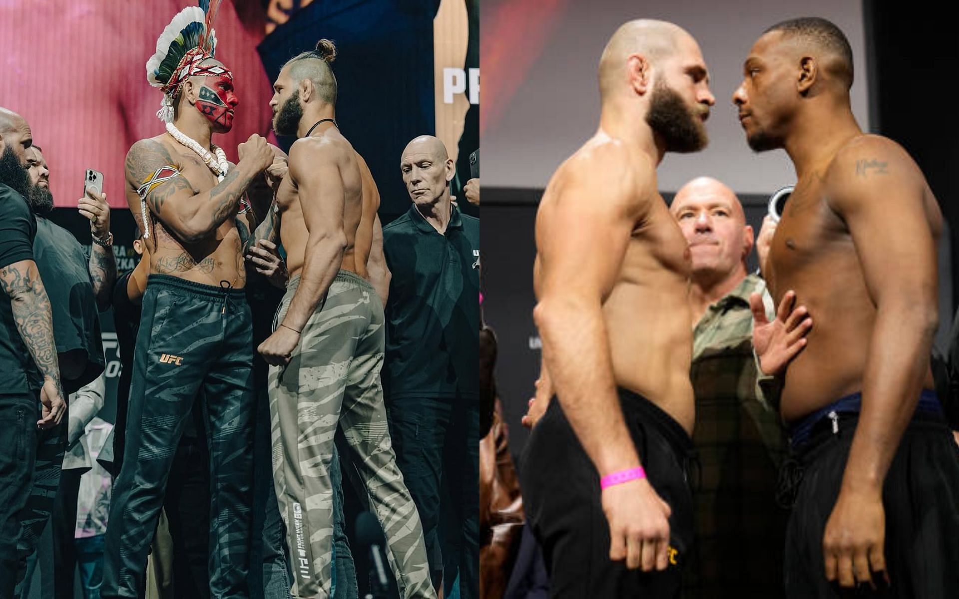 Jiri Prochazka (center) talks about his face-offs with Alex Pereira (left) and Jamahal Hill (right). [Images courtesy: @jirkaprochazka on Instagram and Getty]