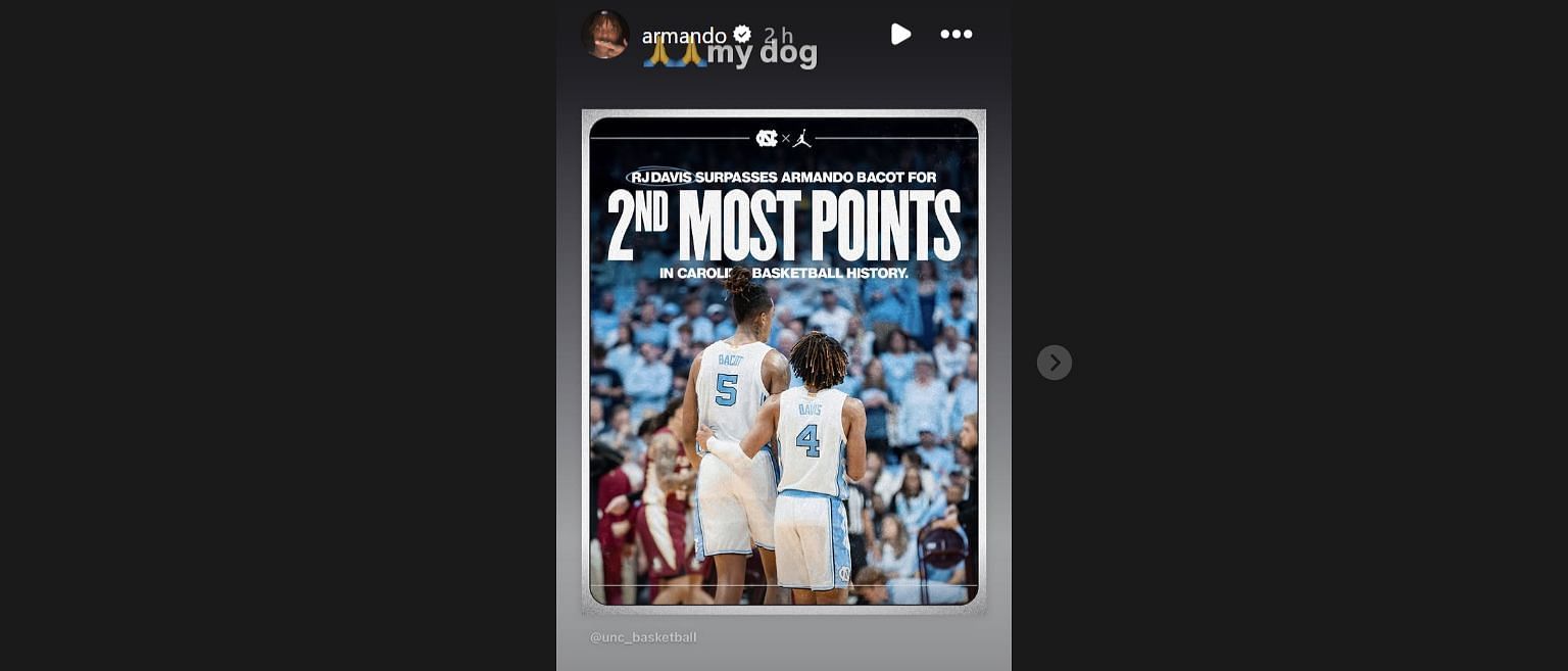 Armando Bacot showed immense appreciation for RJ Davis after he overtook him for 2nd place in UNC&#039;s all-time leading scorers. (Source: https://www.instagram.com/stories/armando/3538306250100422079/)