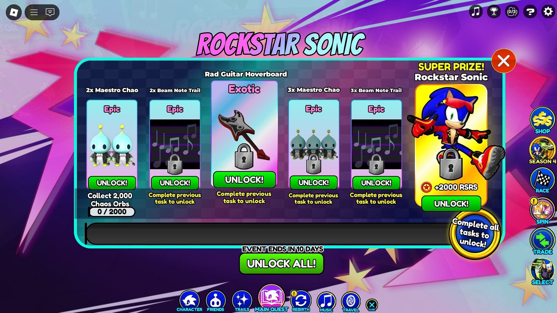 The Rockstar Sonic mission list (Image via Roblox)