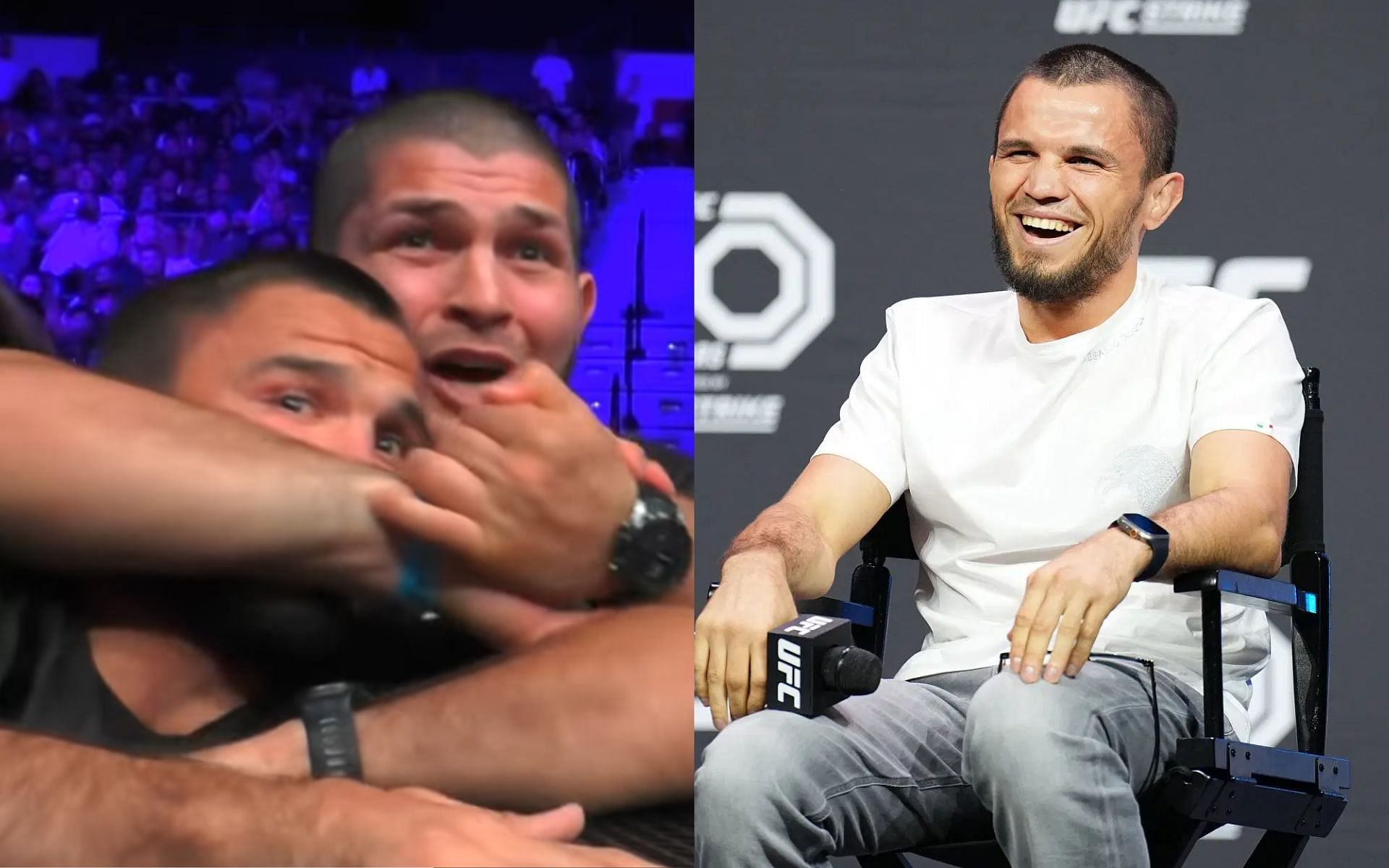 Umar Nurmagomedov (right) laughs in reflection to viral moment where Khabib Nurmagomedov choked him in corner at Bellator event (left) [Images courtesy: Getty Images, @pflmma on Instagram]