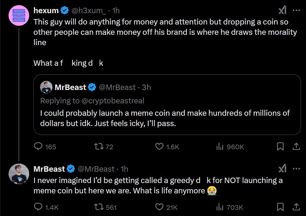 MrBeast&#039;s response to being called a &quot;d**k&quot; for not launching a meme coin (Image via @h3xum_/X)