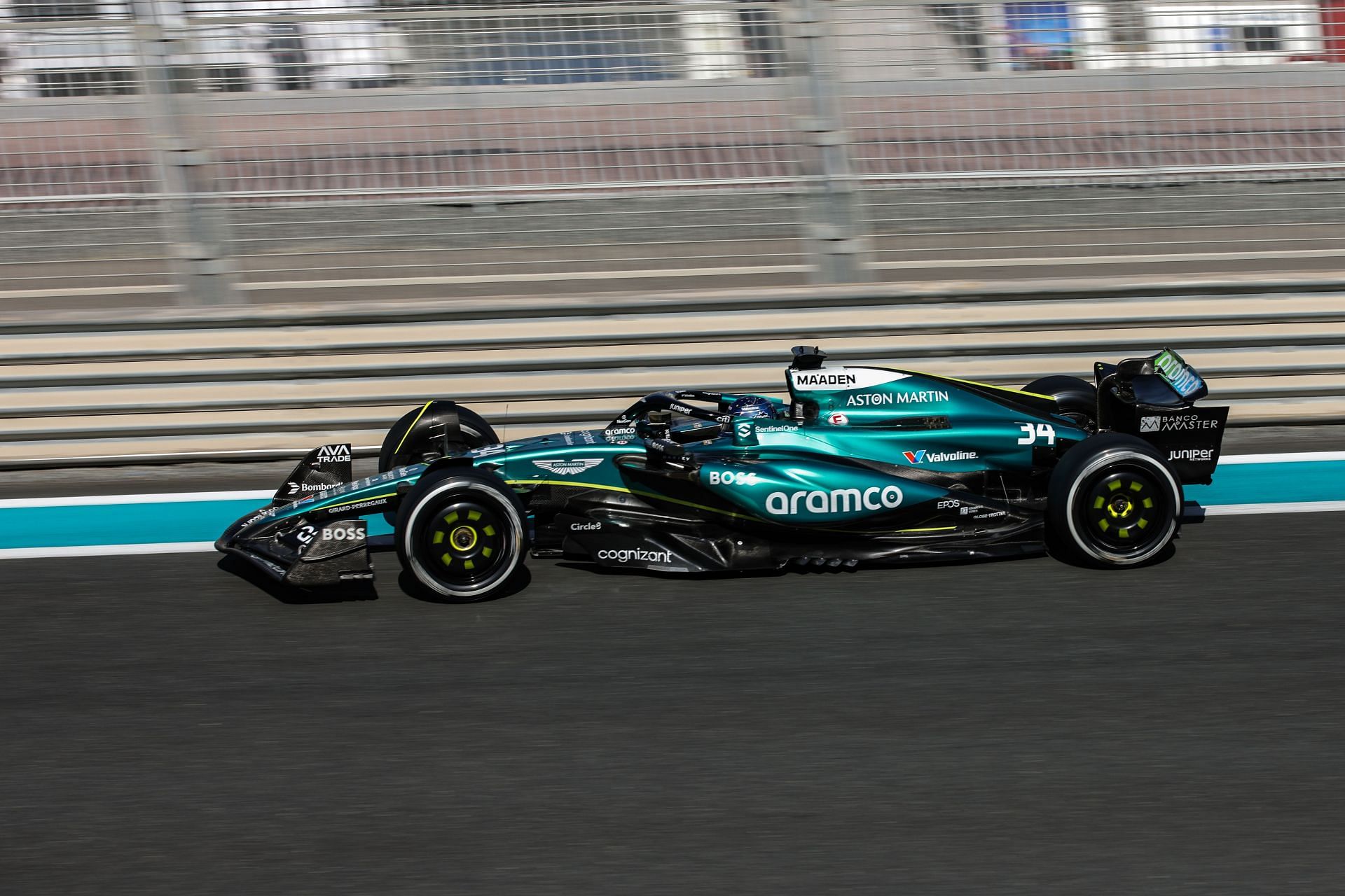 Felipe Drugovich of the Aston Martin F1 Team drives the AMR24 during Formula 1 testing at Yas Marina Circuit - Source: Getty