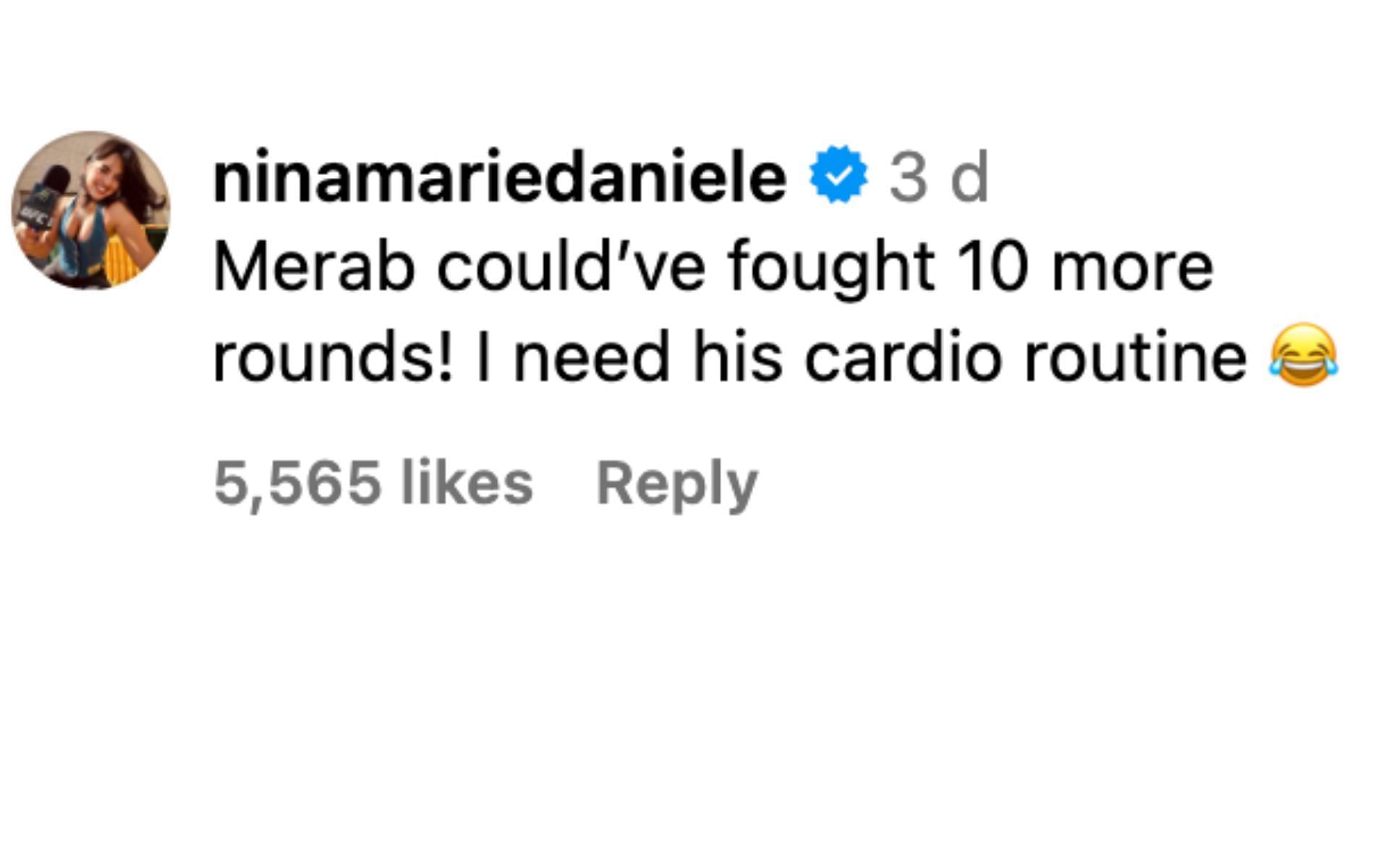 Nina Marie Daniele comments on Merab Dvalishvili&#039;s achievement. [Screenshot courtesy: @ufc via Instagram]